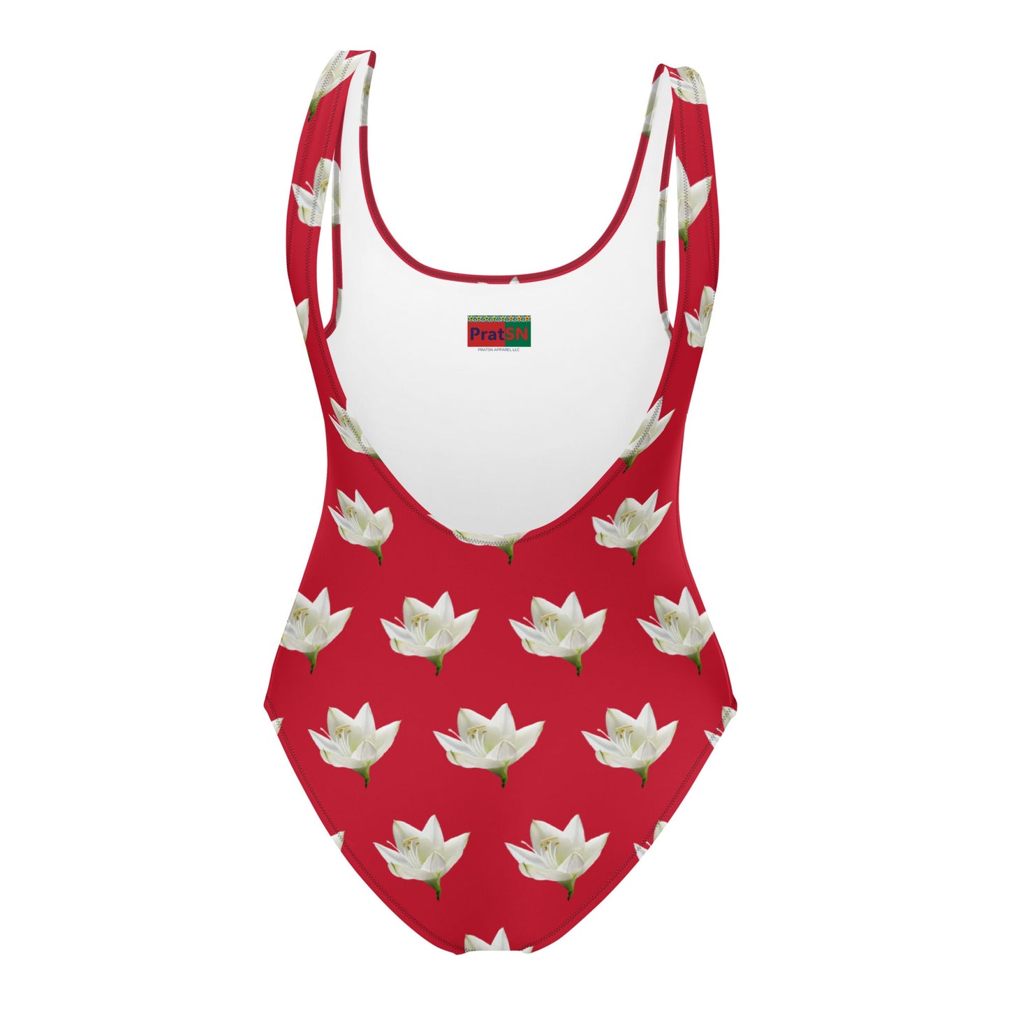 Women's One - Piece Swimsuit, Lily Pattern, Red Swimwear, Bathing Suit, Beach Dress - PratSN