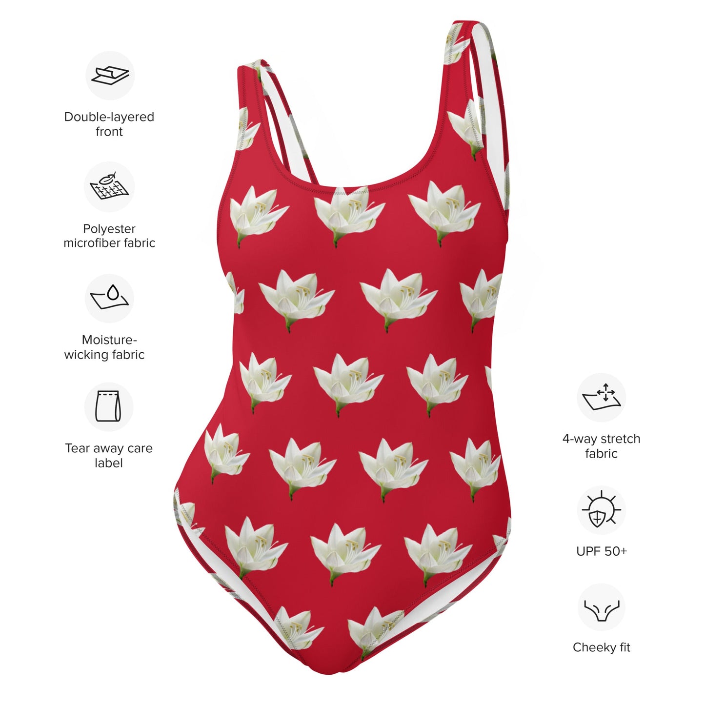 Women's One - Piece Swimsuit, Lily Pattern, Red Swimwear, Bathing Suit, Beach Dress - PratSN
