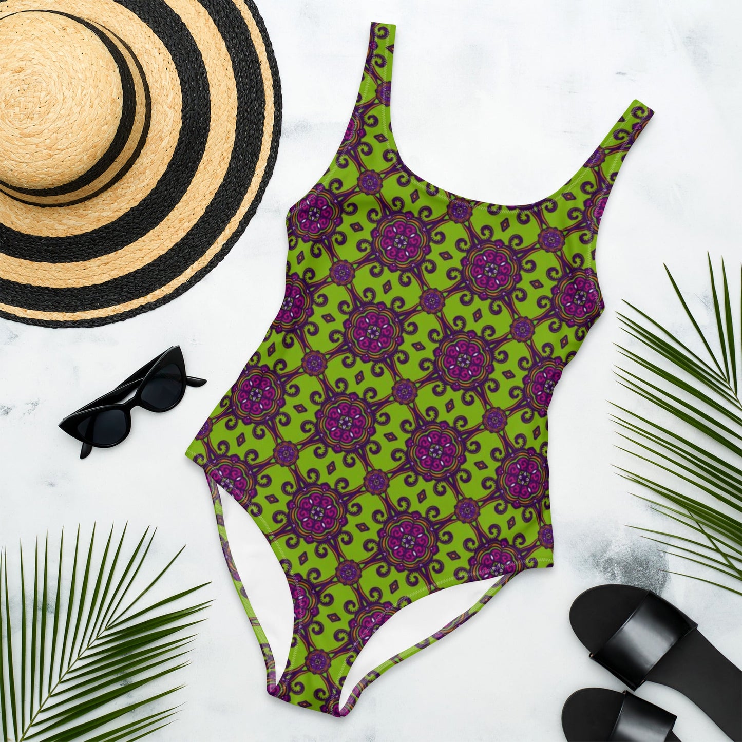 Women's One - Piece Swimsuit, Lime Green and Purple swimsuit, vacation swimwear, holiday travel swimwear, mothers day gift - PratSN