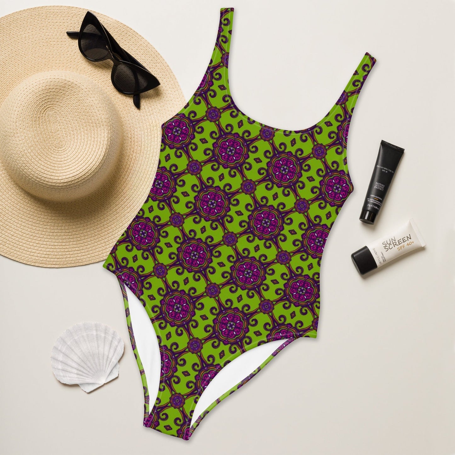 Women's One - Piece Swimsuit, Lime Green and Purple swimsuit, vacation swimwear, holiday travel swimwear, mothers day gift - PratSN