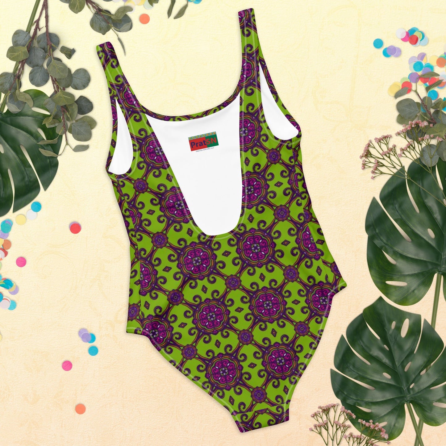 Women's One - Piece Swimsuit, Lime Green and Purple swimsuit, vacation swimwear, holiday travel swimwear, mothers day gift - PratSN