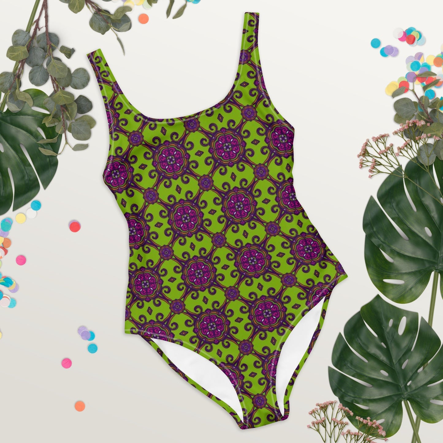 Women's One - Piece Swimsuit, Lime Green and Purple swimsuit, vacation swimwear, holiday travel swimwear, mothers day gift - PratSN