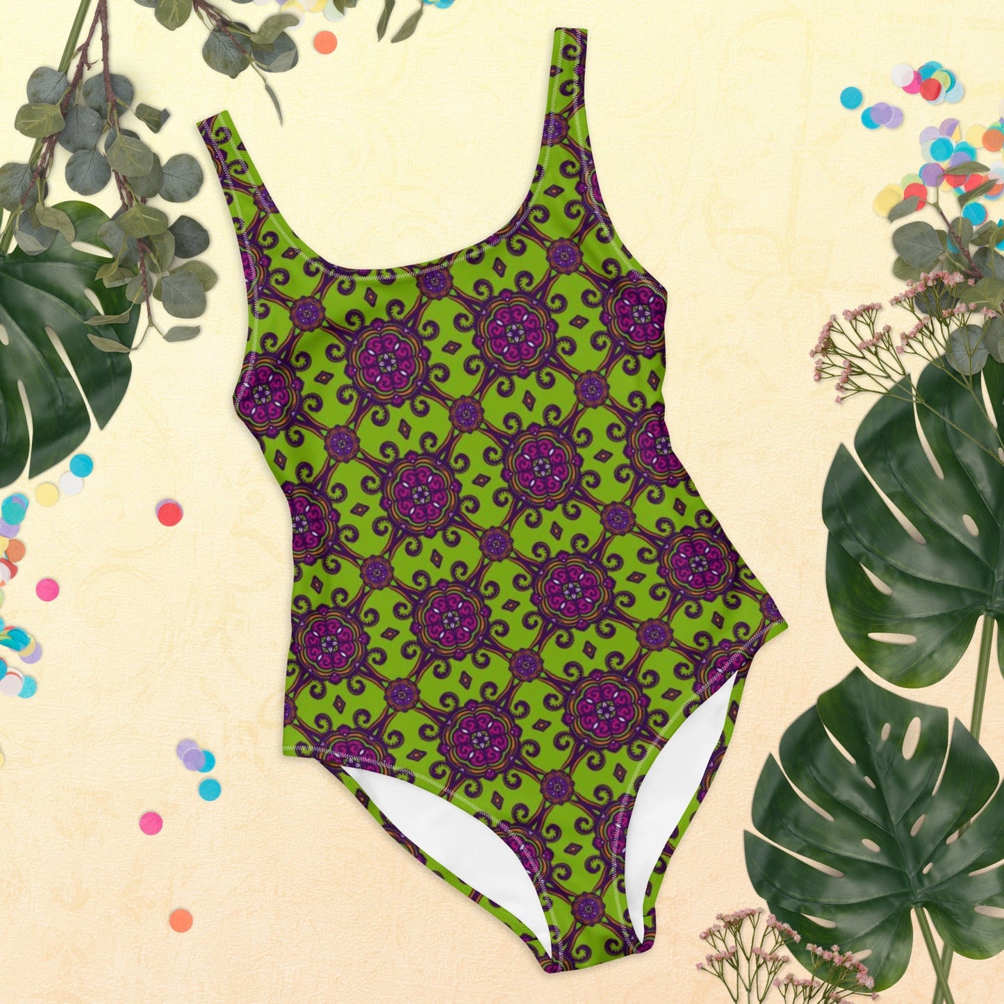 Women's One - Piece Swimsuit, Lime Green and Purple swimsuit, vacation swimwear, holiday travel swimwear, mothers day gift - PratSN