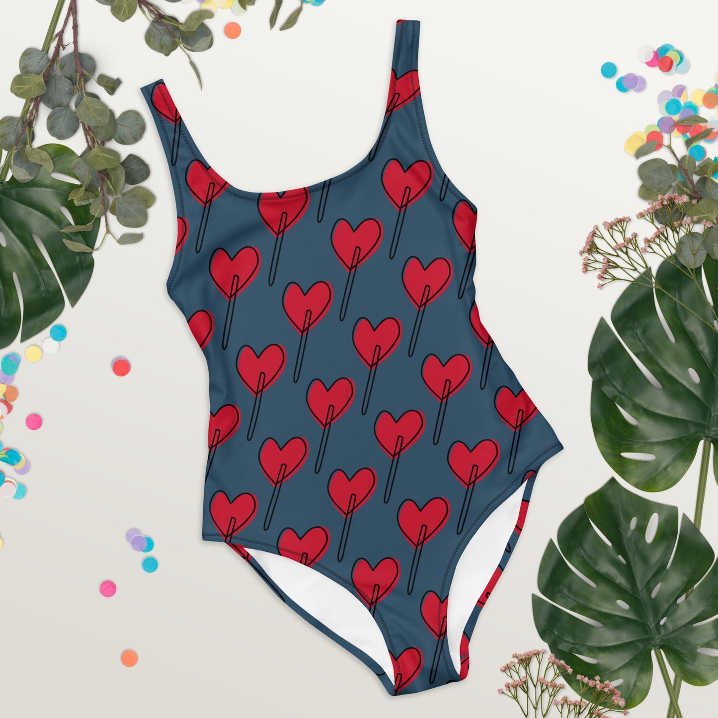 Women's One - Piece Swimsuit, Love Pattern Swimwear, Red Bathing Suit, vacation swimwear, holiday travel swimwear, mothers day gift - PratSN