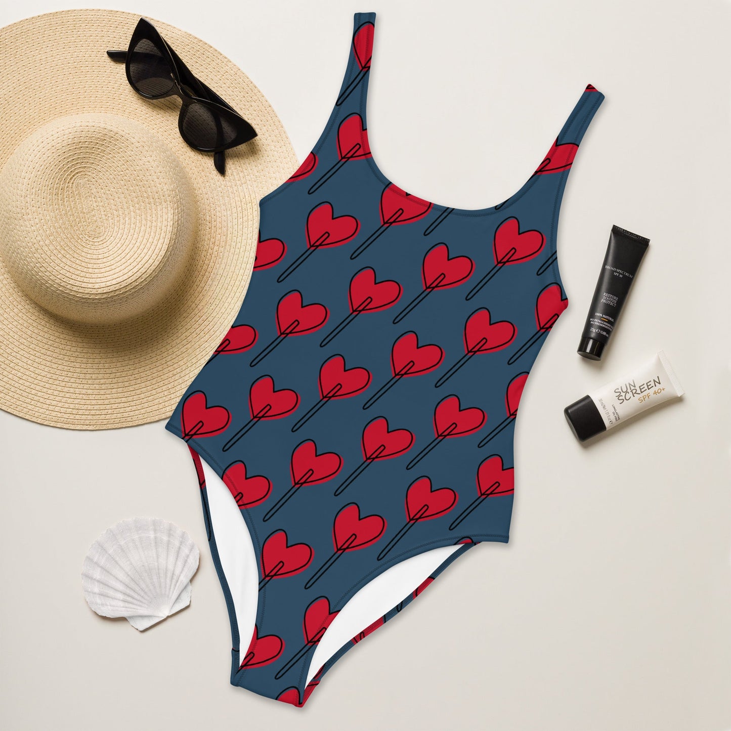 Women's One - Piece Swimsuit, Love Pattern Swimwear, Red Bathing Suit, vacation swimwear, holiday travel swimwear, mothers day gift - PratSN