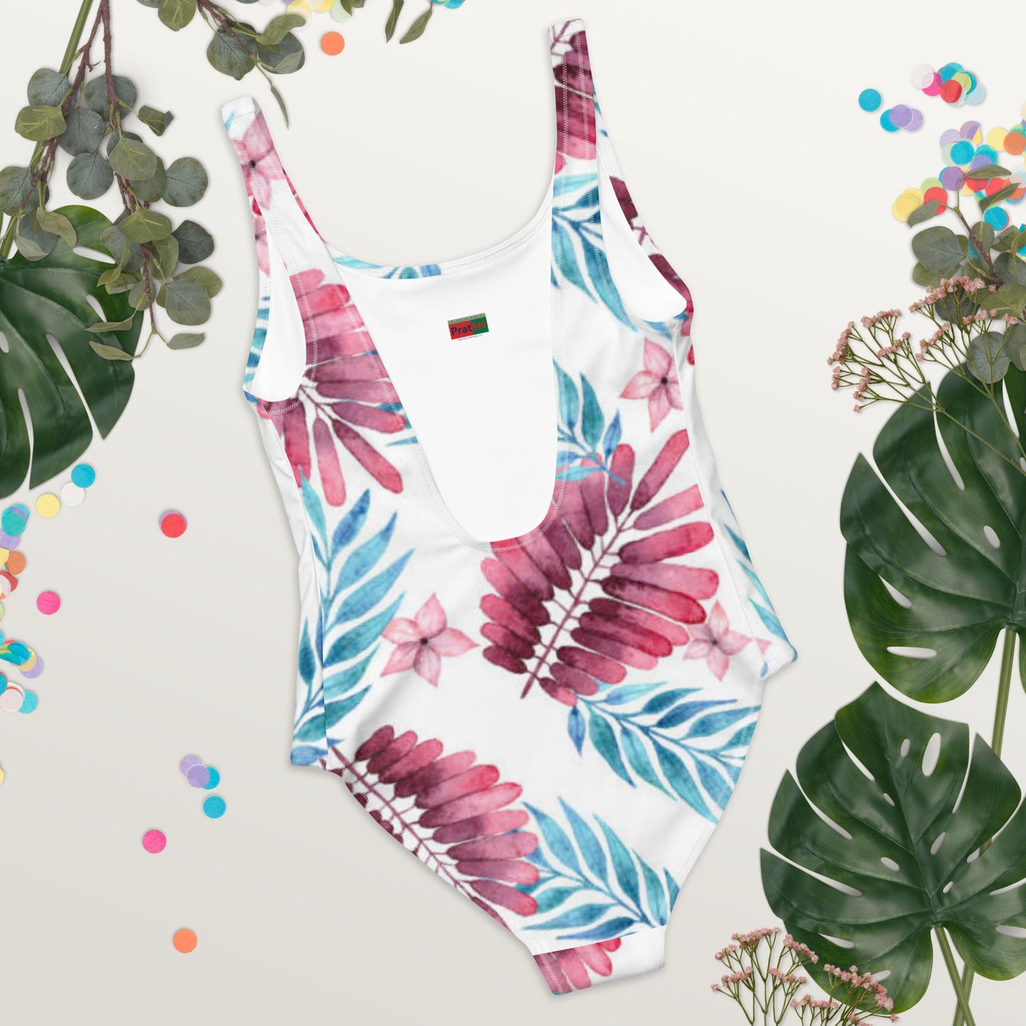 Women's One - Piece Swimsuit, Pink Blue White Leaf Pattern Outfit, Swimsuit, Beachwear, Bathing Suit - PratSN