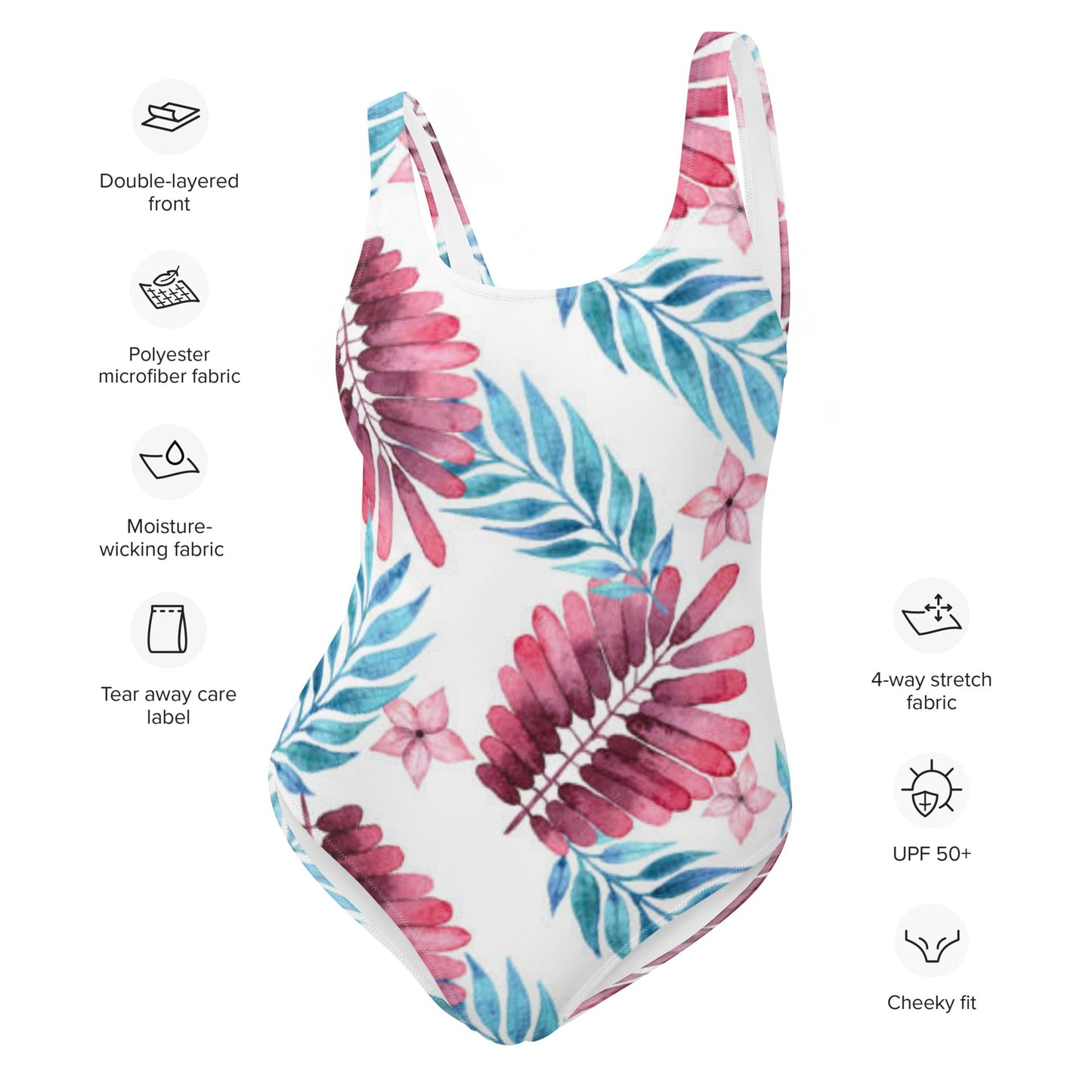 Women's One - Piece Swimsuit, Pink Blue White Leaf Pattern Outfit, Swimsuit, Beachwear, Bathing Suit - PratSN