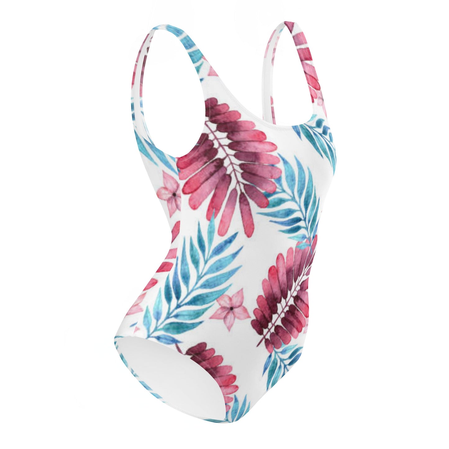 Women's One - Piece Swimsuit, Pink Blue White Leaf Pattern Outfit, Swimsuit, Beachwear, Bathing Suit - PratSN