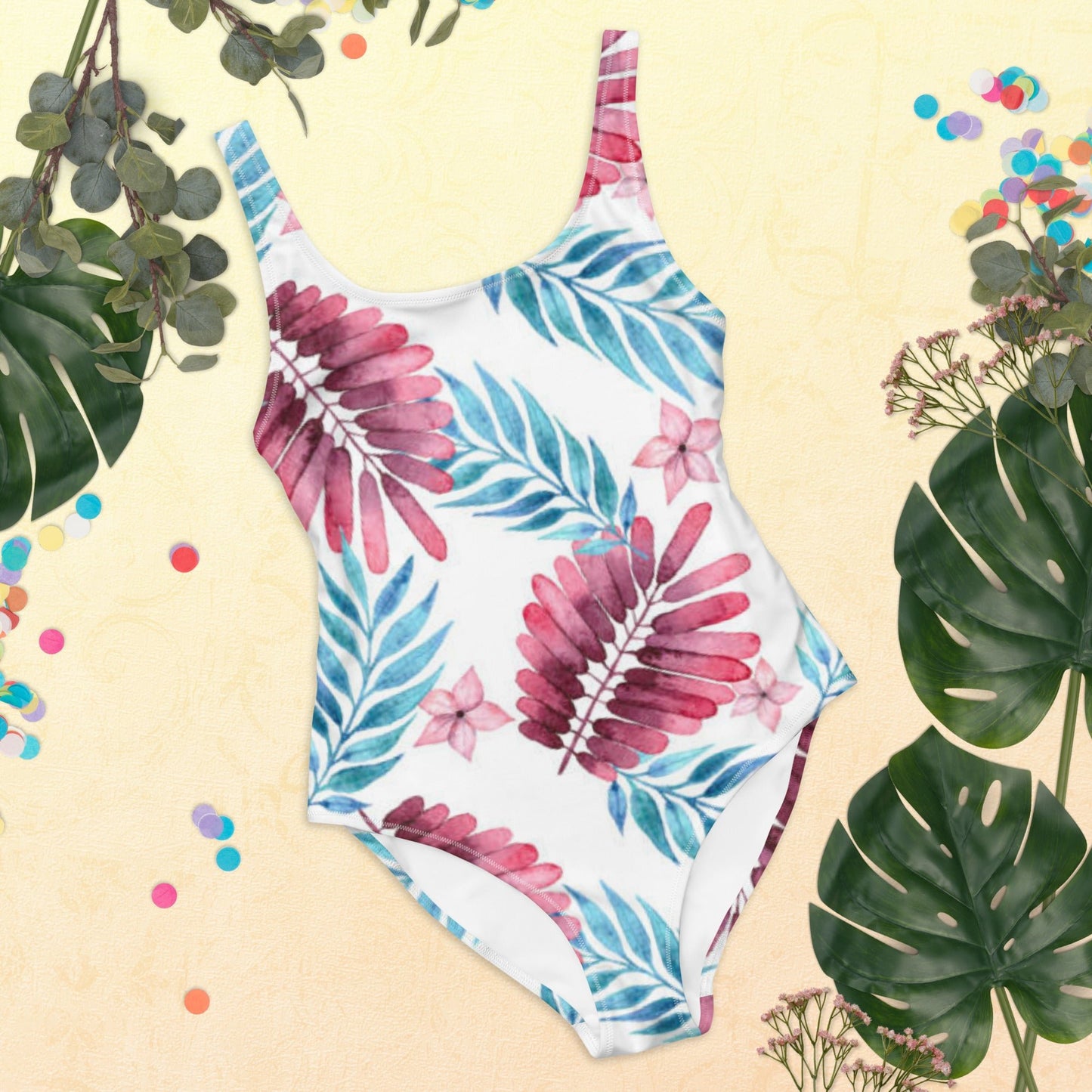 Women's One - Piece Swimsuit, Pink Blue White Leaf Pattern Outfit, Swimsuit, Beachwear, Bathing Suit - PratSN