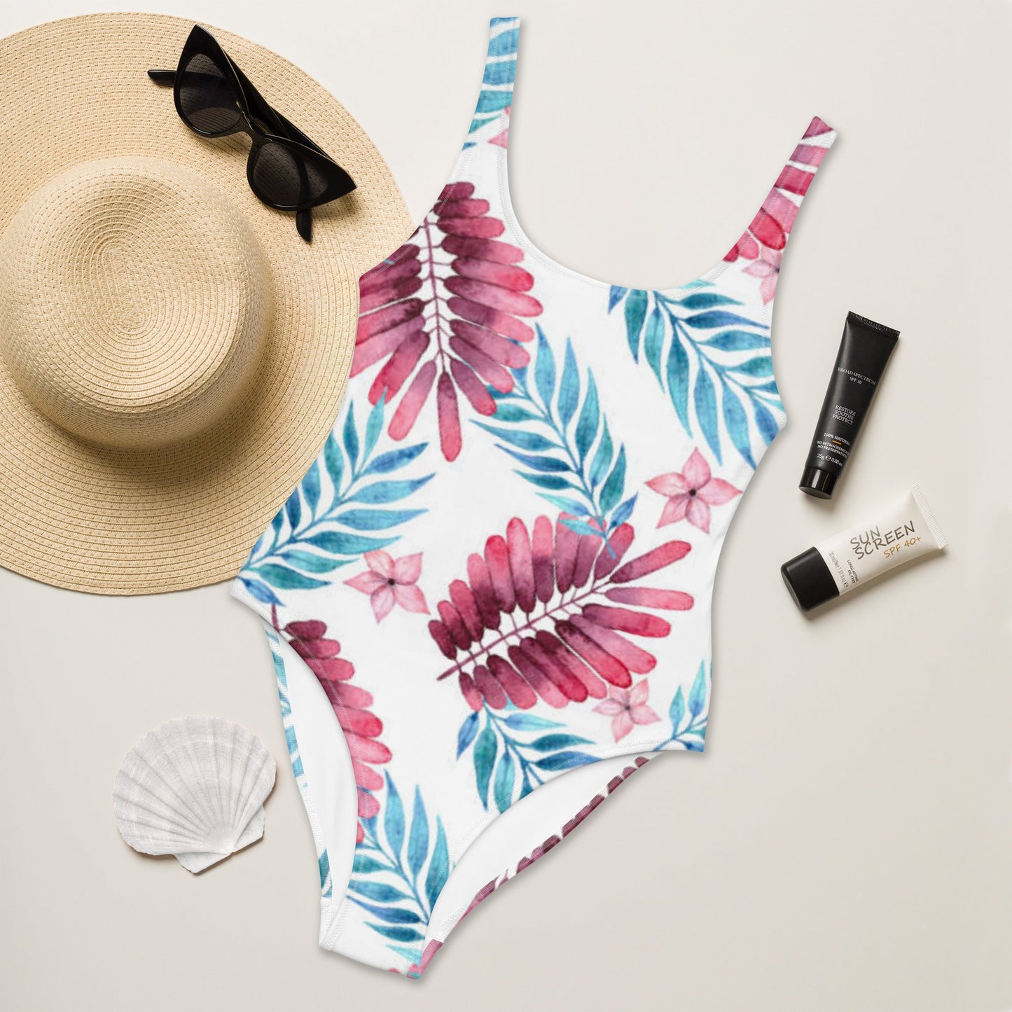 Women's One - Piece Swimsuit, Pink Blue White Leaf Pattern Outfit, Swimsuit, Beachwear, Bathing Suit - PratSN