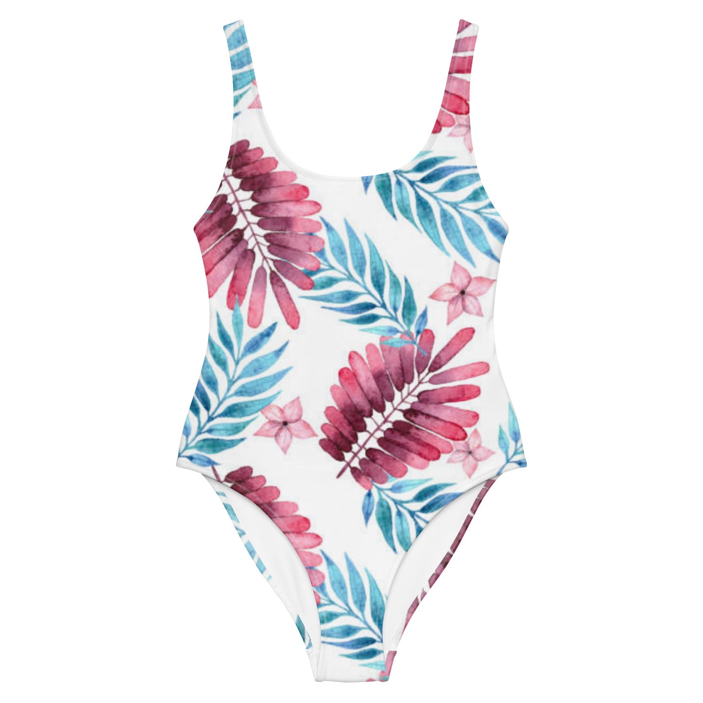 Women's One - Piece Swimsuit, Pink Blue White Leaf Pattern Outfit, Swimsuit, Beachwear, Bathing Suit - PratSN