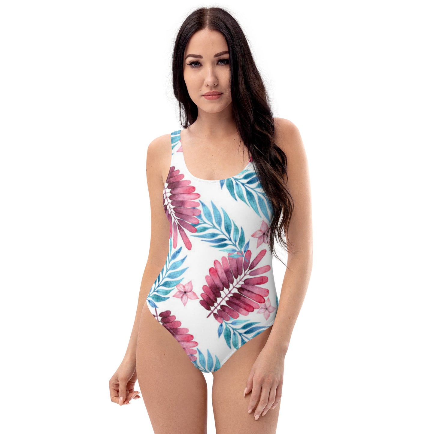 Women's One - Piece Swimsuit, Pink Blue White Leaf Pattern Outfit, Swimsuit, Beachwear, Bathing Suit - PratSN