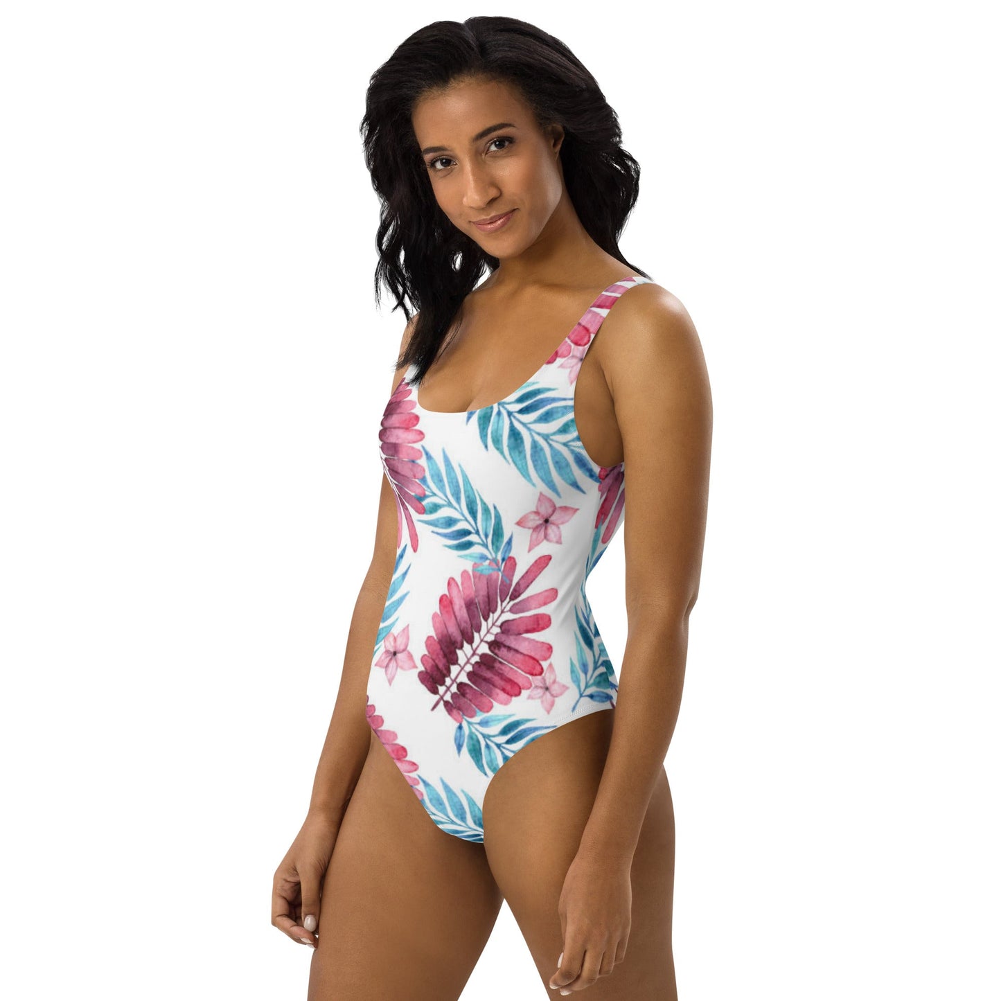Women's One - Piece Swimsuit, Pink Blue White Leaf Pattern Outfit, Swimsuit, Beachwear, Bathing Suit - PratSN
