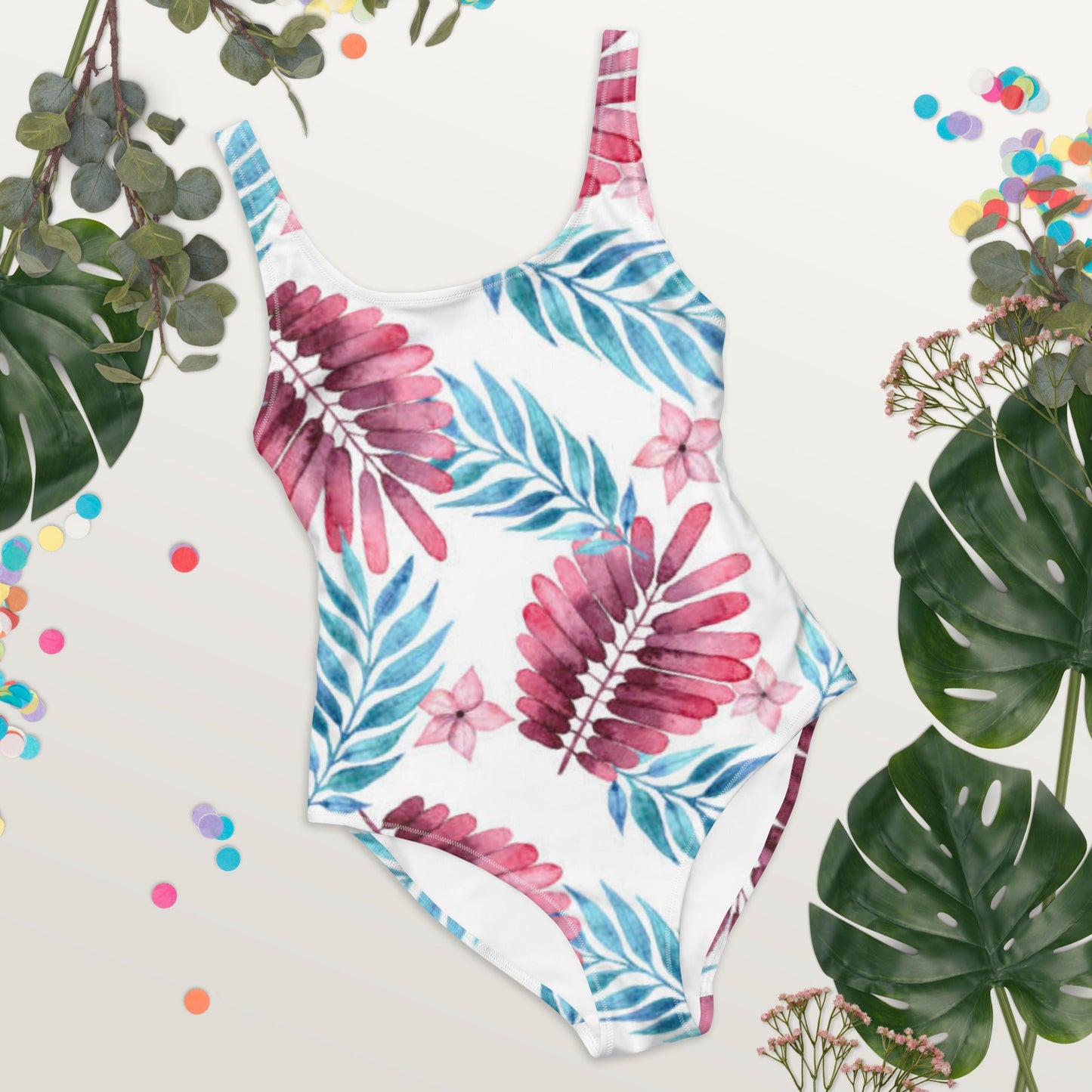 Women's One - Piece Swimsuit, Pink Blue White Leaf Pattern Outfit, Swimsuit, Beachwear, Bathing Suit - PratSN