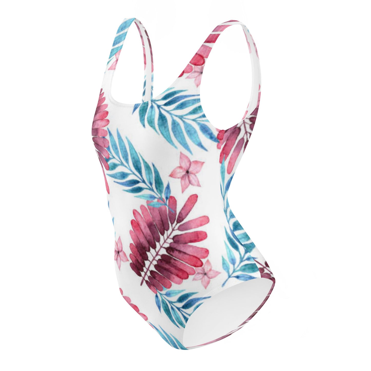 Women's One - Piece Swimsuit, Pink Blue White Leaf Pattern Outfit, Swimsuit, Beachwear, Bathing Suit - PratSN