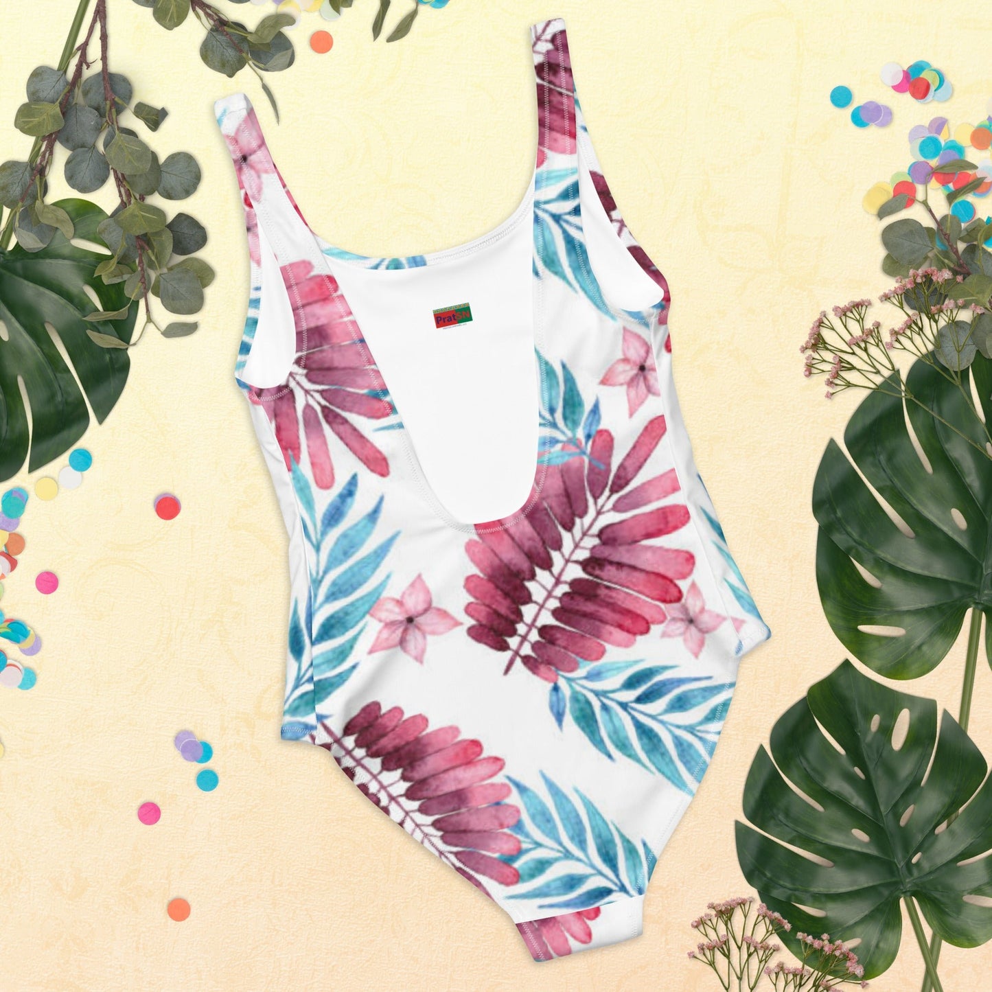 Women's One - Piece Swimsuit, Pink Blue White Leaf Pattern Outfit, Swimsuit, Beachwear, Bathing Suit - PratSN