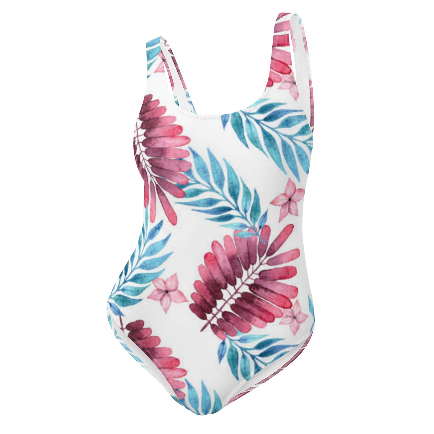 Women's One - Piece Swimsuit, Pink Blue White Leaf Pattern Outfit, Swimsuit, Beachwear, Bathing Suit - PratSN