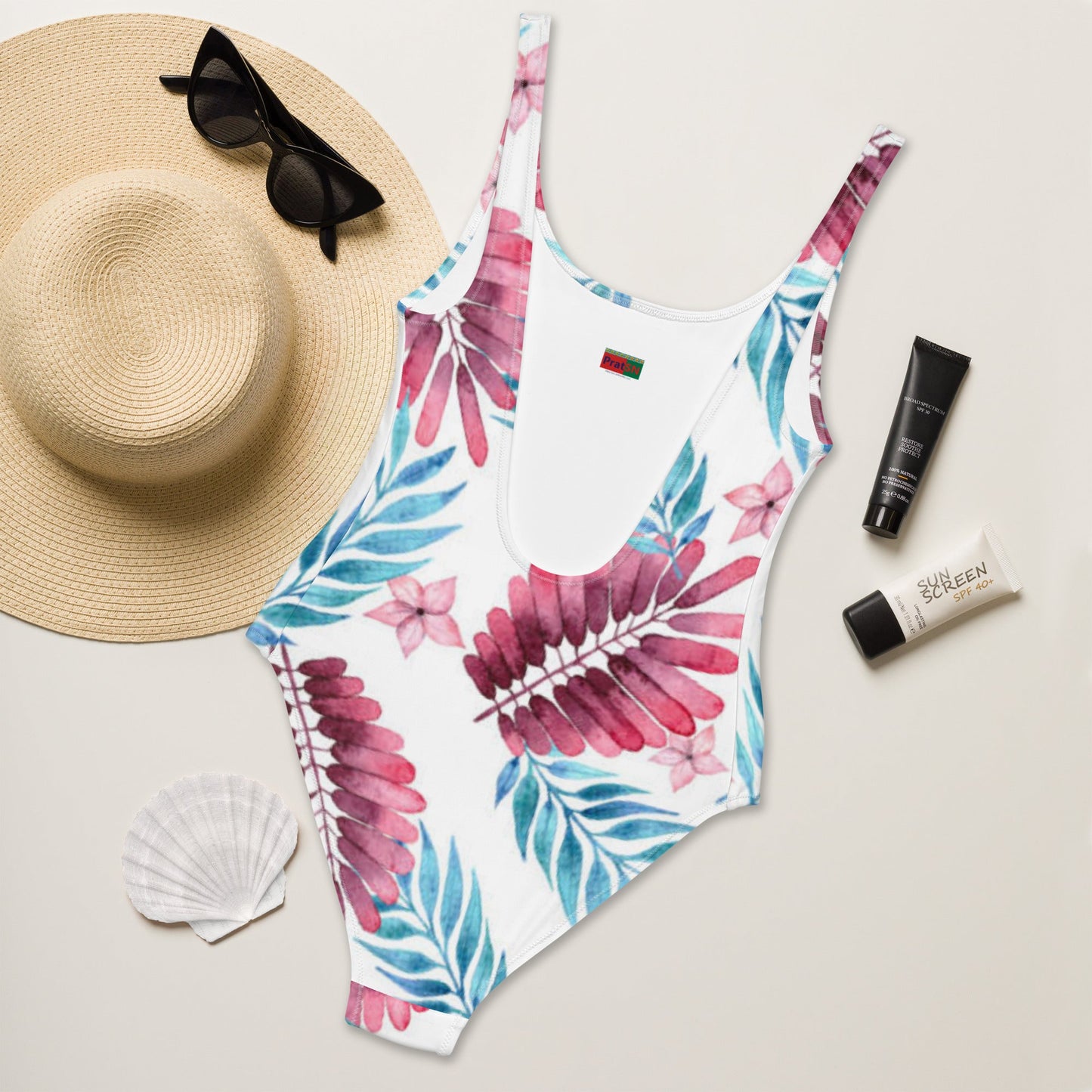 Women's One - Piece Swimsuit, Pink Blue White Leaf Pattern Outfit, Swimsuit, Beachwear, Bathing Suit - PratSN
