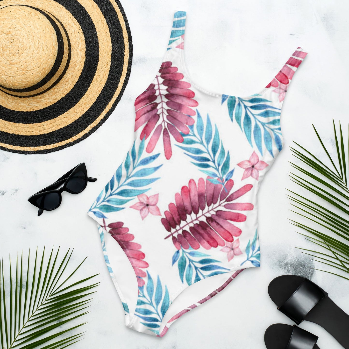 Women's One - Piece Swimsuit, Pink Blue White Leaf Pattern Outfit, Swimsuit, Beachwear, Bathing Suit - PratSN