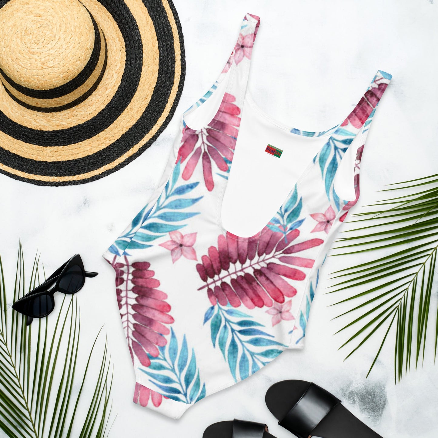 Women's One - Piece Swimsuit, Pink Blue White Leaf Pattern Outfit, Swimsuit, Beachwear, Bathing Suit - PratSN