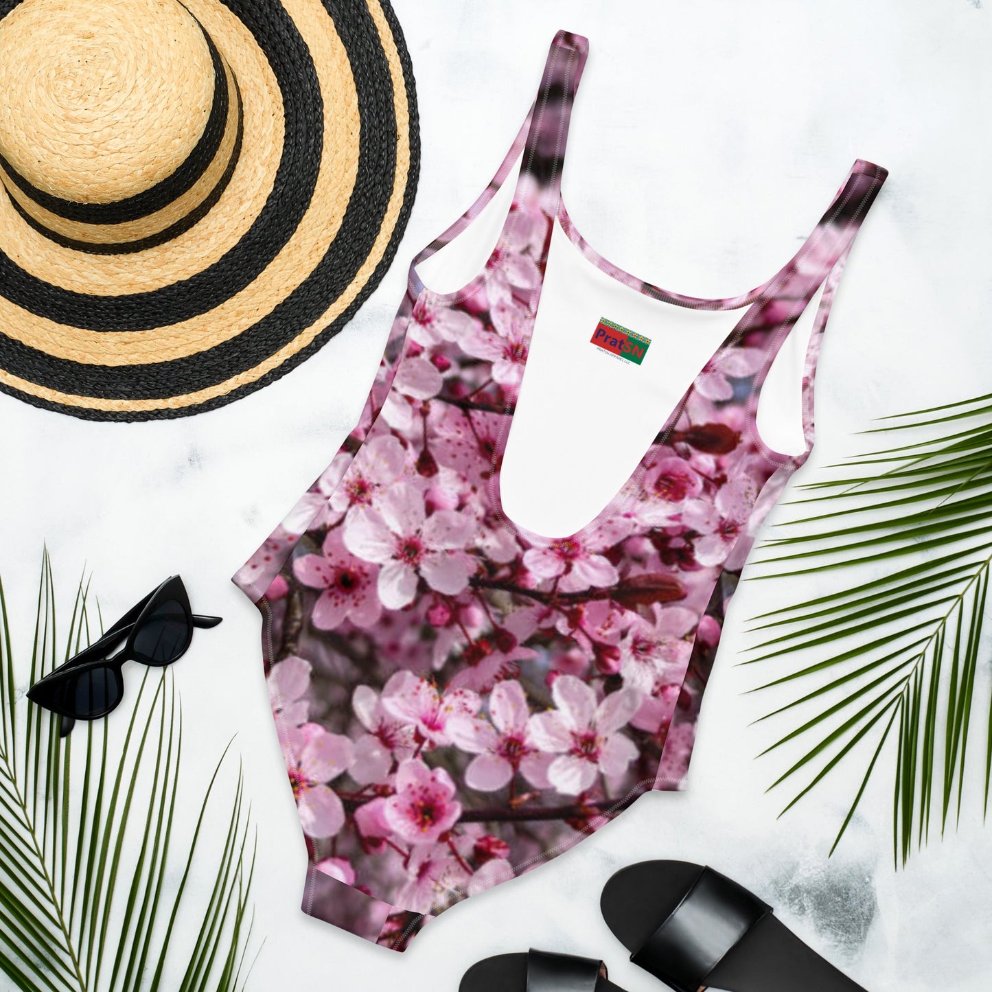 Women's One - Piece Swimsuit, Pink Floral Bathing Suit, vacation swimwear, holiday travel swimwear, mothers day gift - PratSN