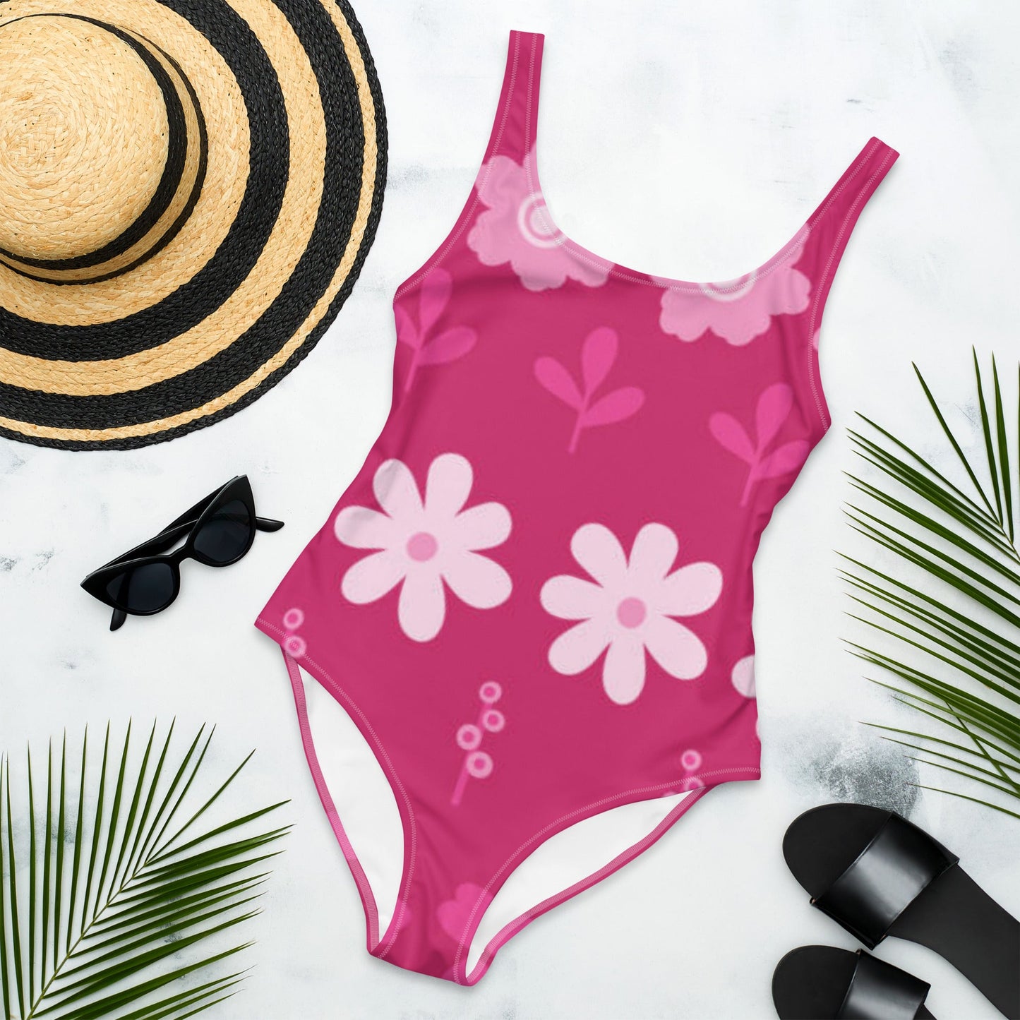 Women's One - Piece Swimsuit, Pink Floral Swimwear, tankinis, Swimsuit, Beachwear, Bathing Suit - PratSN