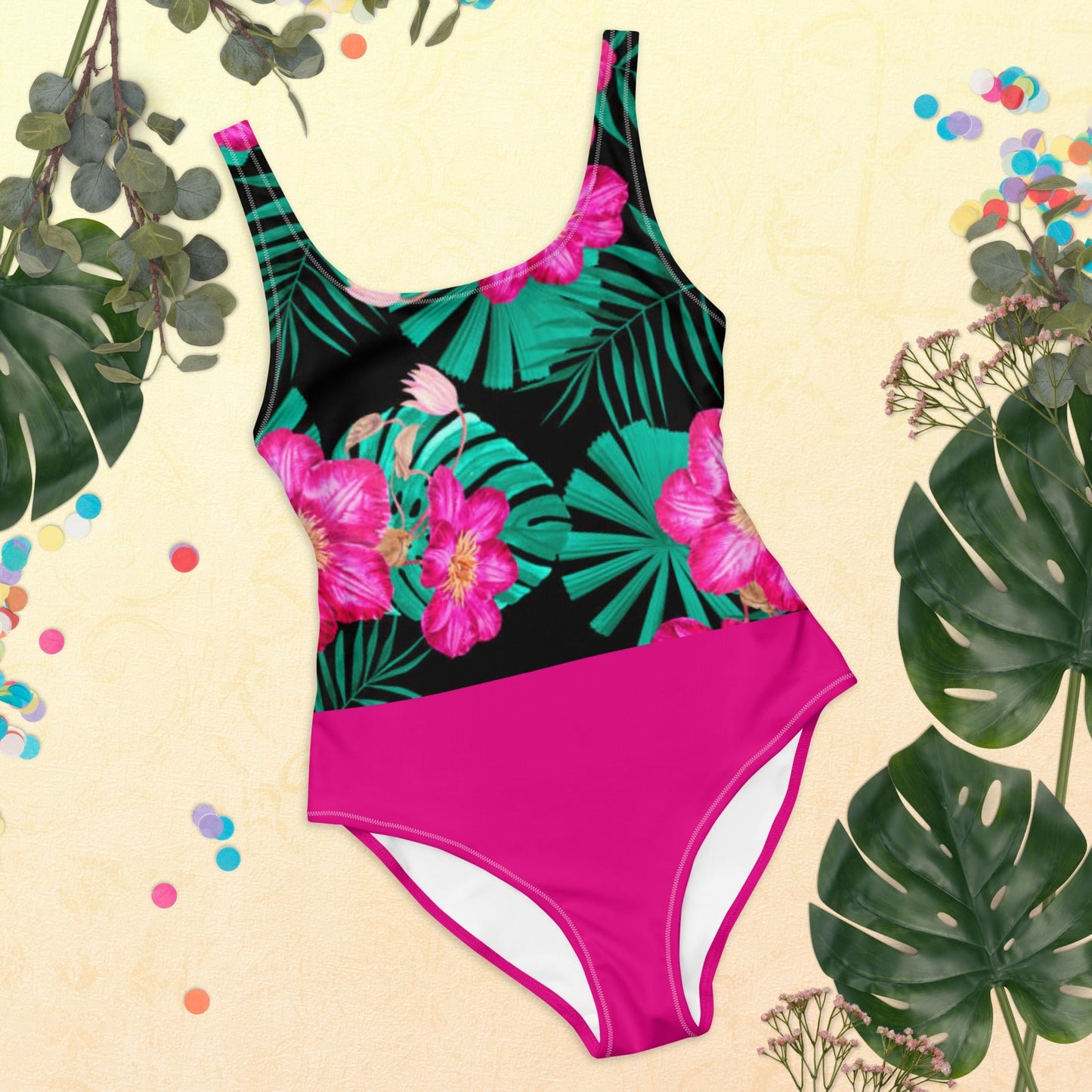 Women's One - Piece Swimsuit, Pink Floral Swimwear, vacation swimwear, holiday travel swimwear, mothers day gift - PratSN