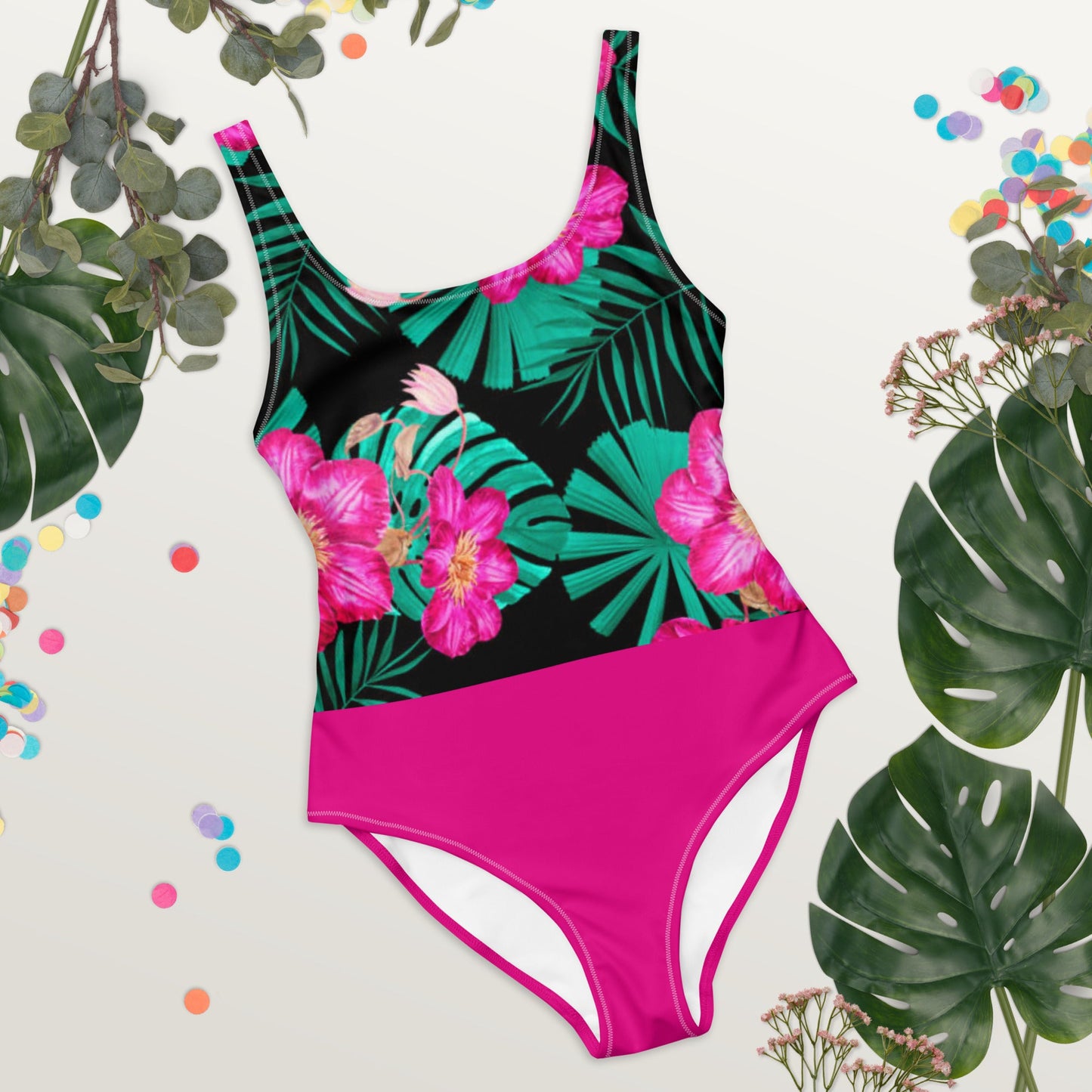 Women's One - Piece Swimsuit, Pink Floral Swimwear, vacation swimwear, holiday travel swimwear, mothers day gift - PratSN