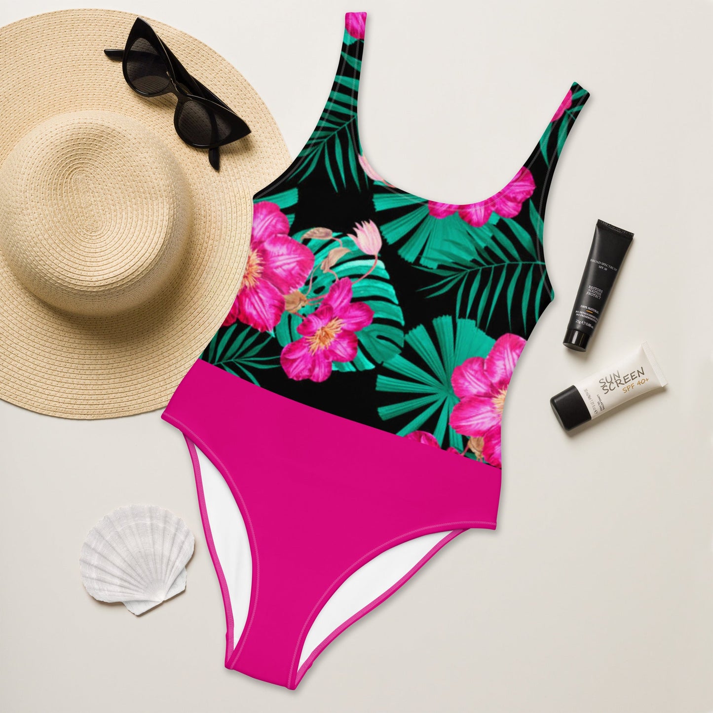 Women's One - Piece Swimsuit, Pink Floral Swimwear, vacation swimwear, holiday travel swimwear, mothers day gift - PratSN