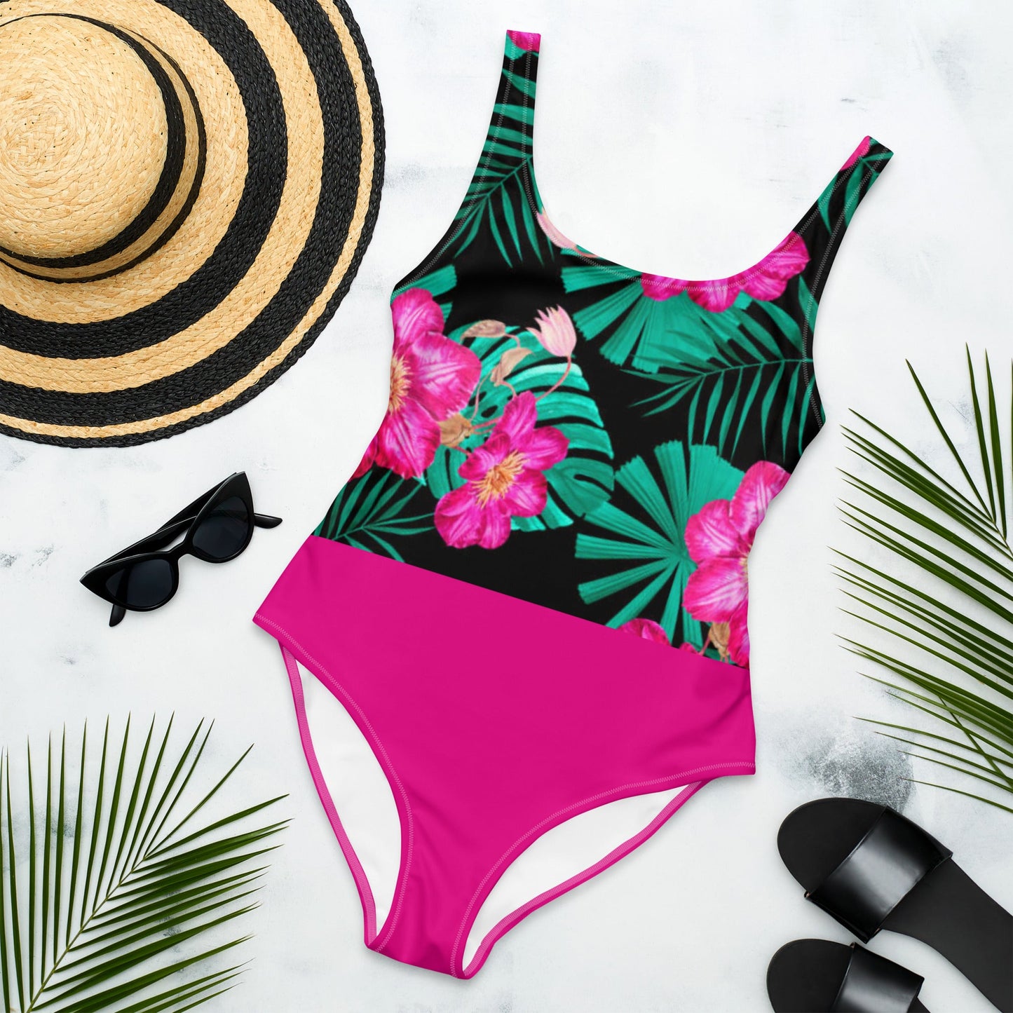 Women's One - Piece Swimsuit, Pink Floral Swimwear, vacation swimwear, holiday travel swimwear, mothers day gift - PratSN
