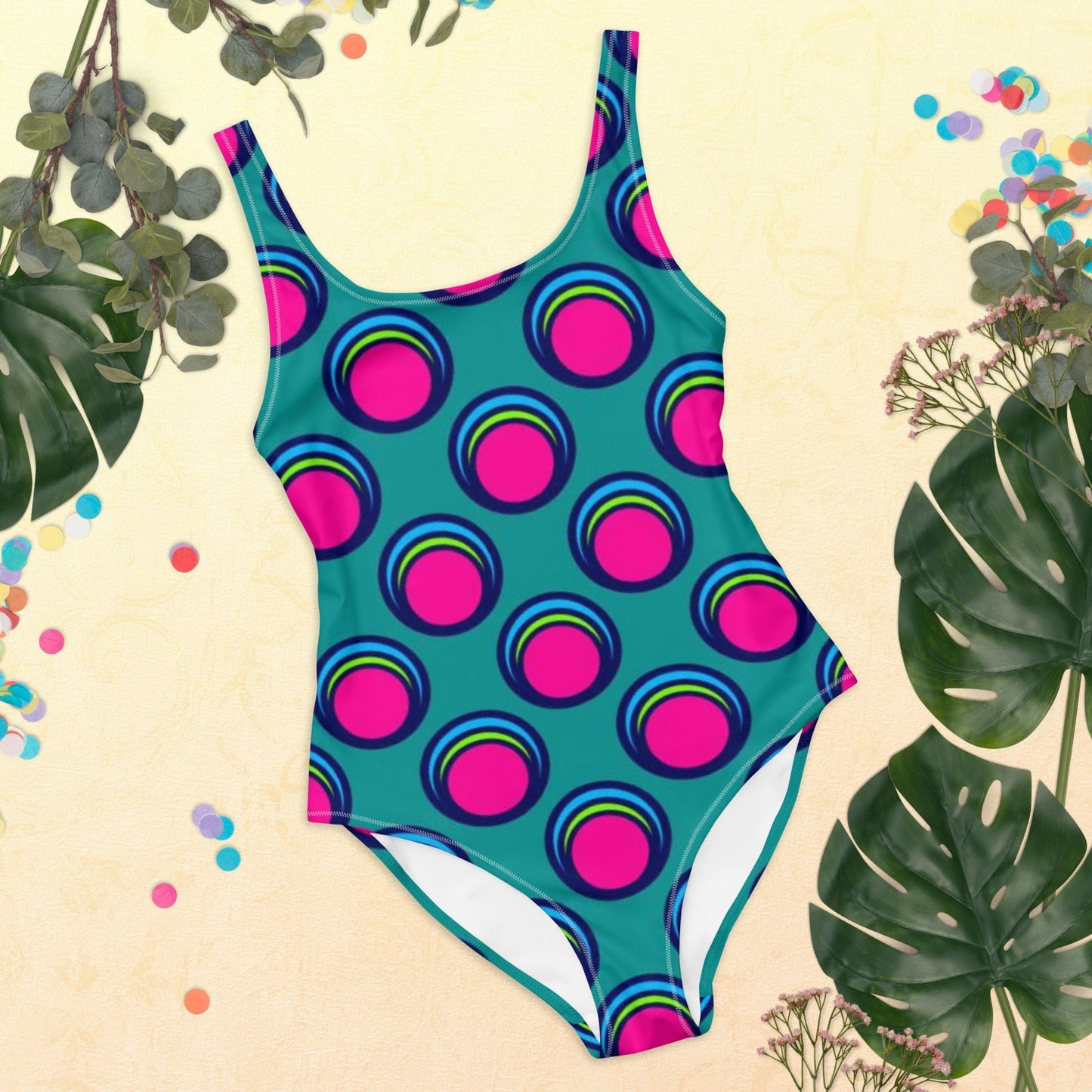 Women's One - Piece Swimsuit, Pink Peacock Blue, Bathing Suit, vacation swimwear, holiday travel swimwear, mothers day gift - PratSN