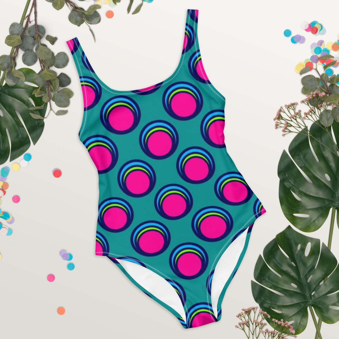 Women's One - Piece Swimsuit, Pink Peacock Blue, Bathing Suit, vacation swimwear, holiday travel swimwear, mothers day gift - PratSN