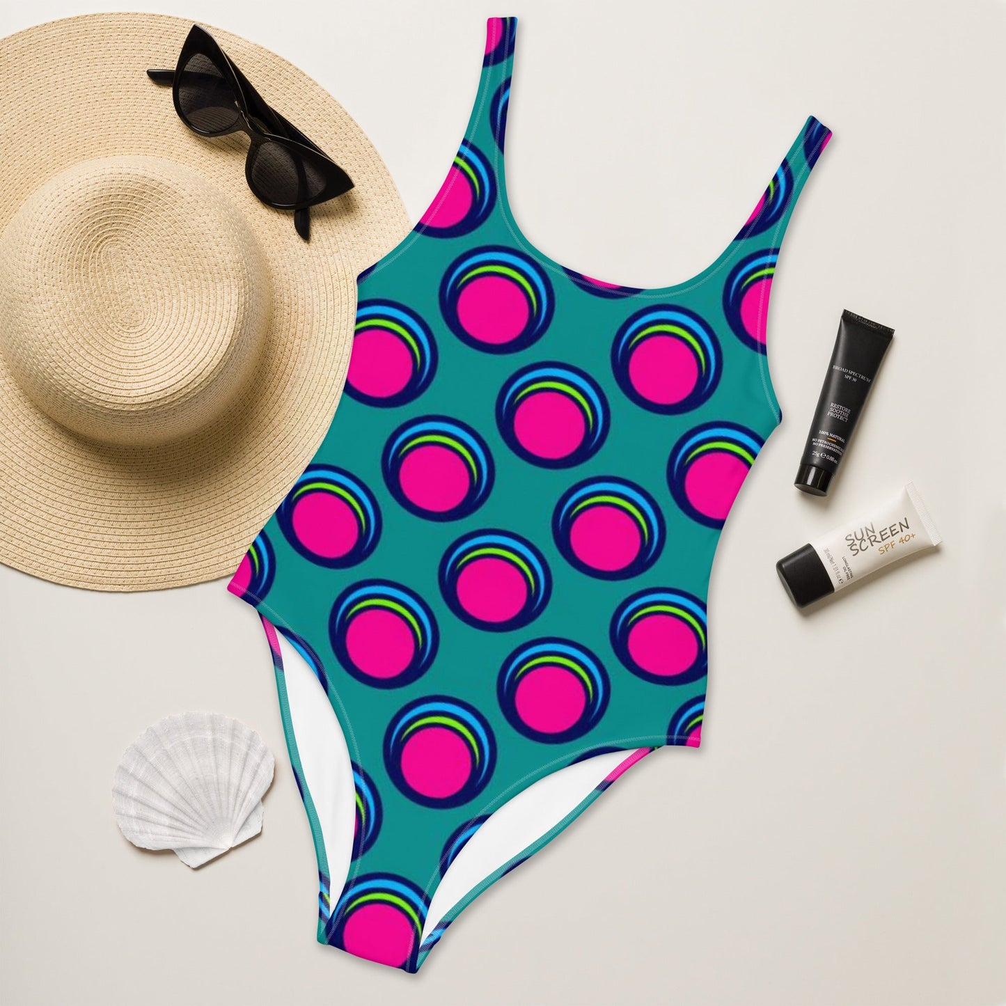 Women's One - Piece Swimsuit, Pink Peacock Blue, Bathing Suit, vacation swimwear, holiday travel swimwear, mothers day gift - PratSN