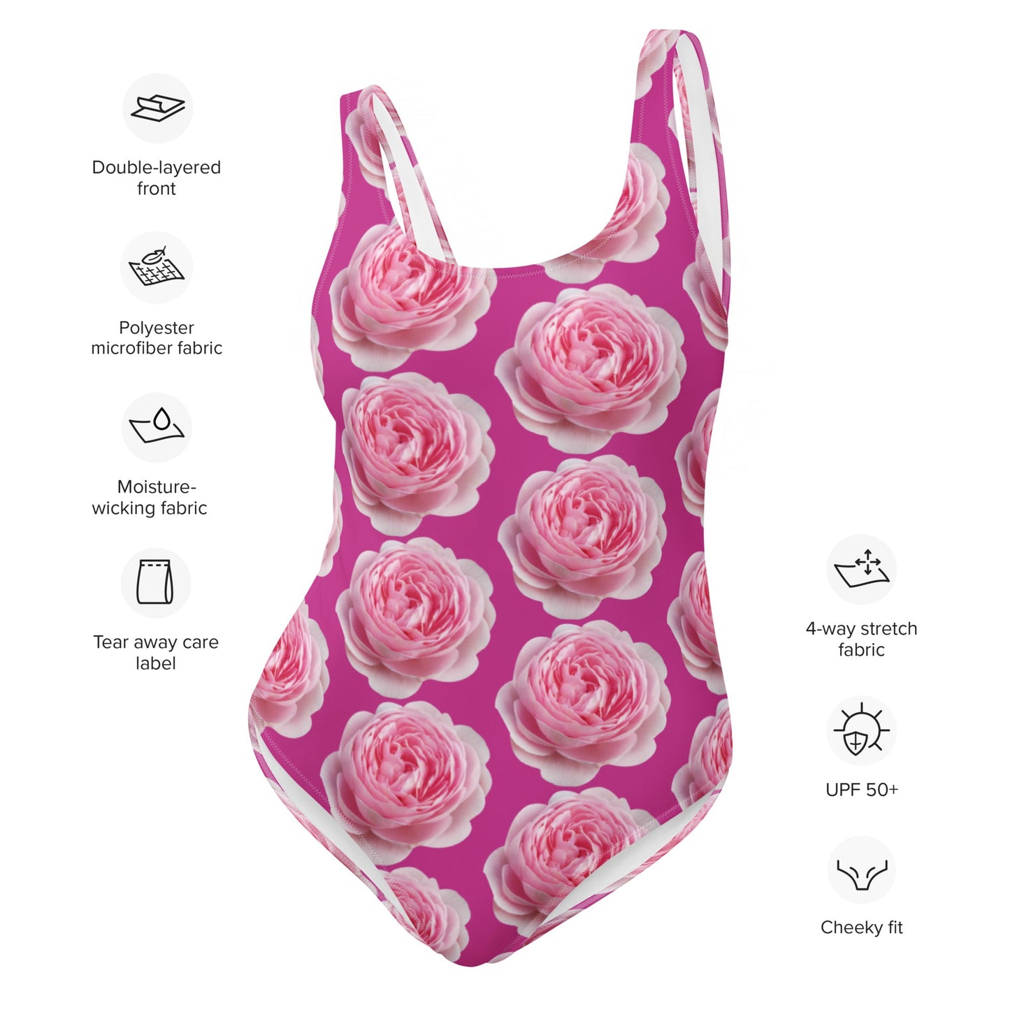 Women's One - Piece Swimsuit, Pink Peony Floral Bathing Suit, Medium Red Violet Summer Swimwear - PratSN