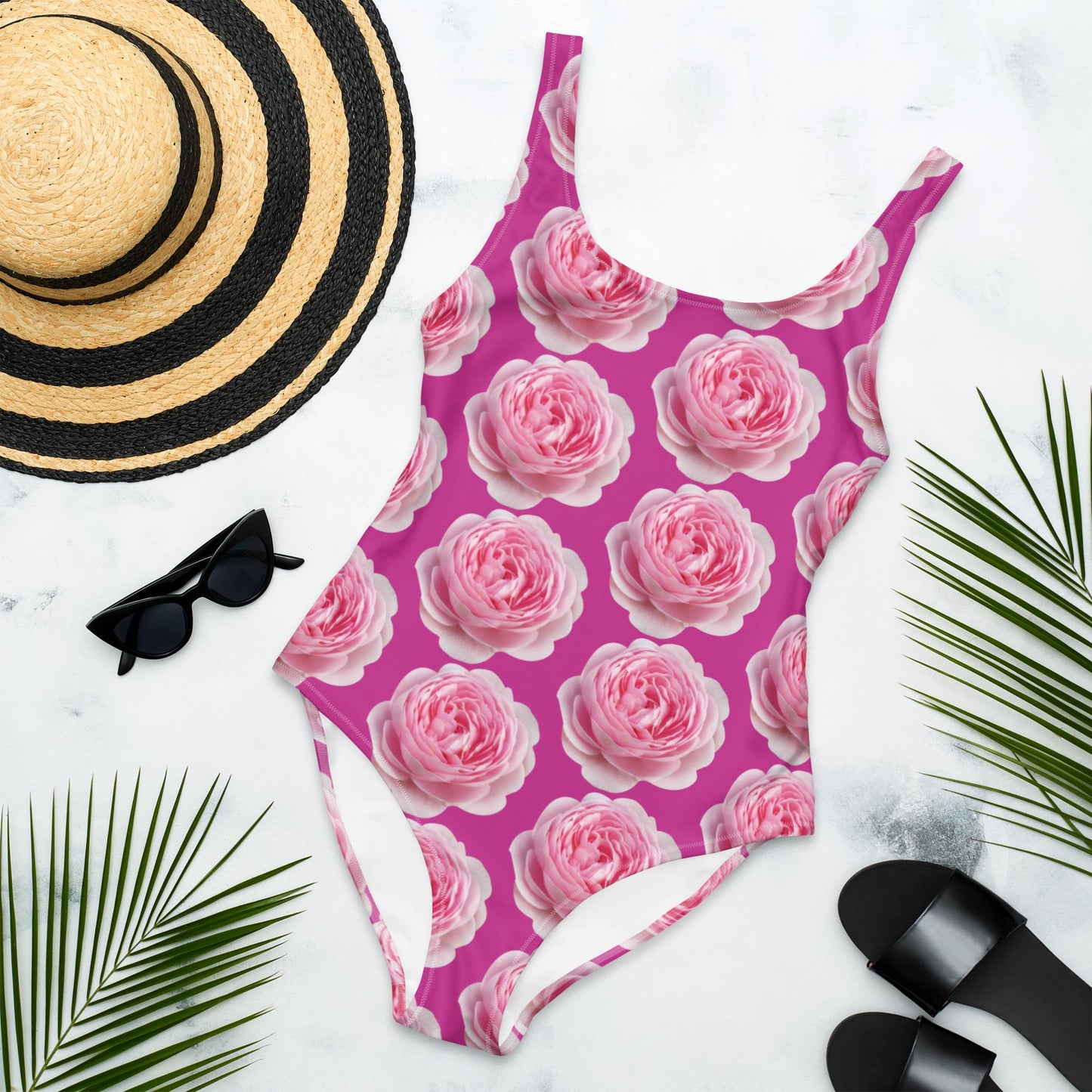 Women's One - Piece Swimsuit, Pink Peony Floral Bathing Suit, Medium Red Violet Summer Swimwear - PratSN