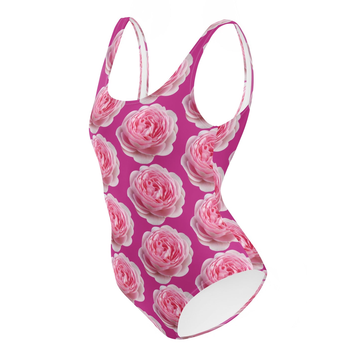 Women's One - Piece Swimsuit, Pink Peony Floral Bathing Suit, Medium Red Violet Summer Swimwear - PratSN