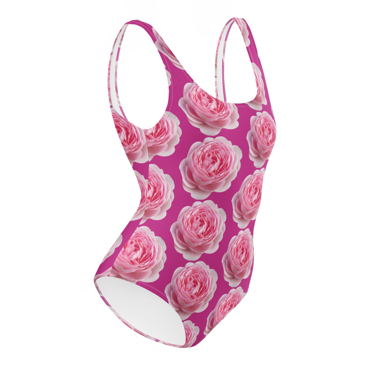 Women's One - Piece Swimsuit, Pink Peony Floral Bathing Suit, Medium Red Violet Summer Swimwear - PratSN