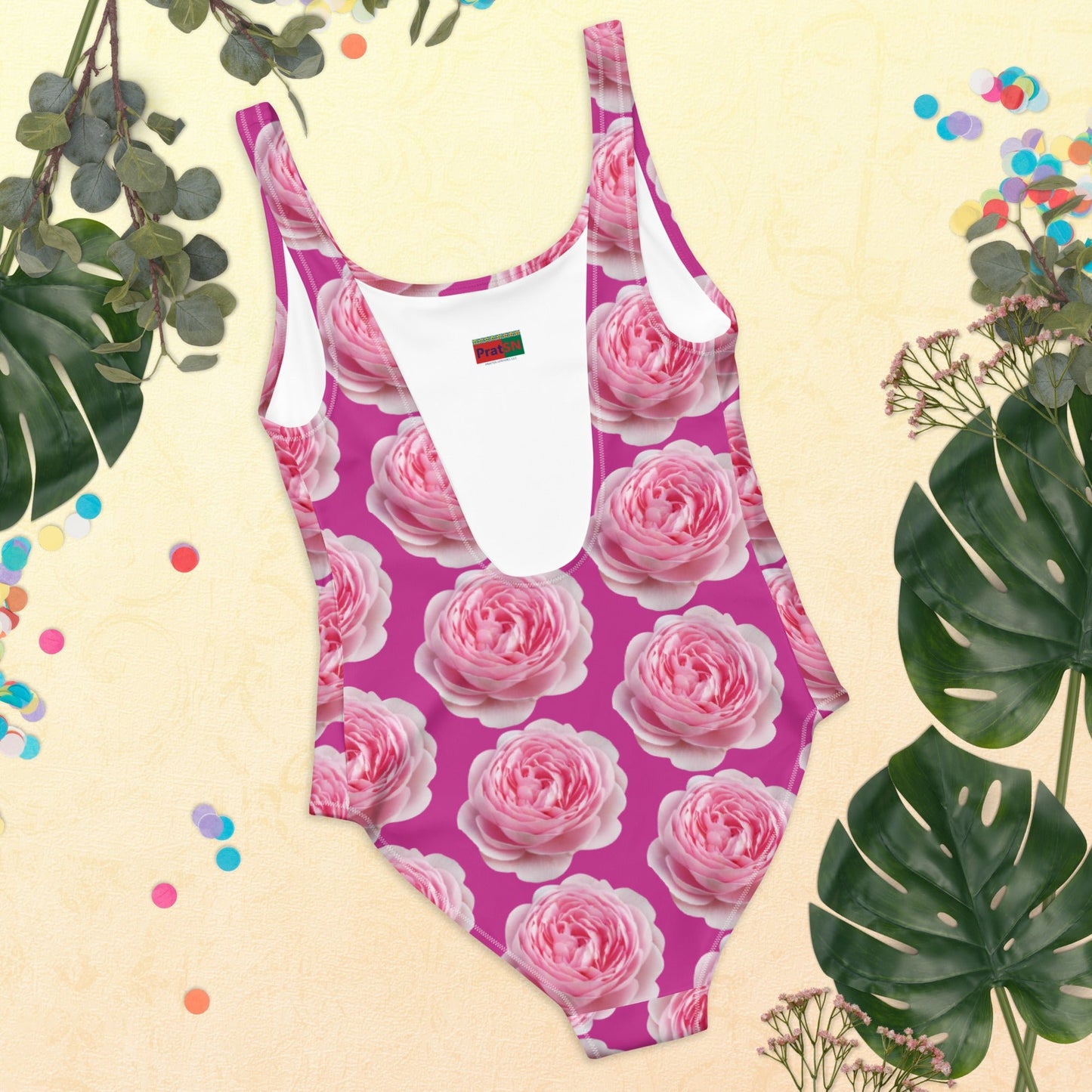 Women's One - Piece Swimsuit, Pink Peony Floral Bathing Suit, Medium Red Violet Summer Swimwear - PratSN