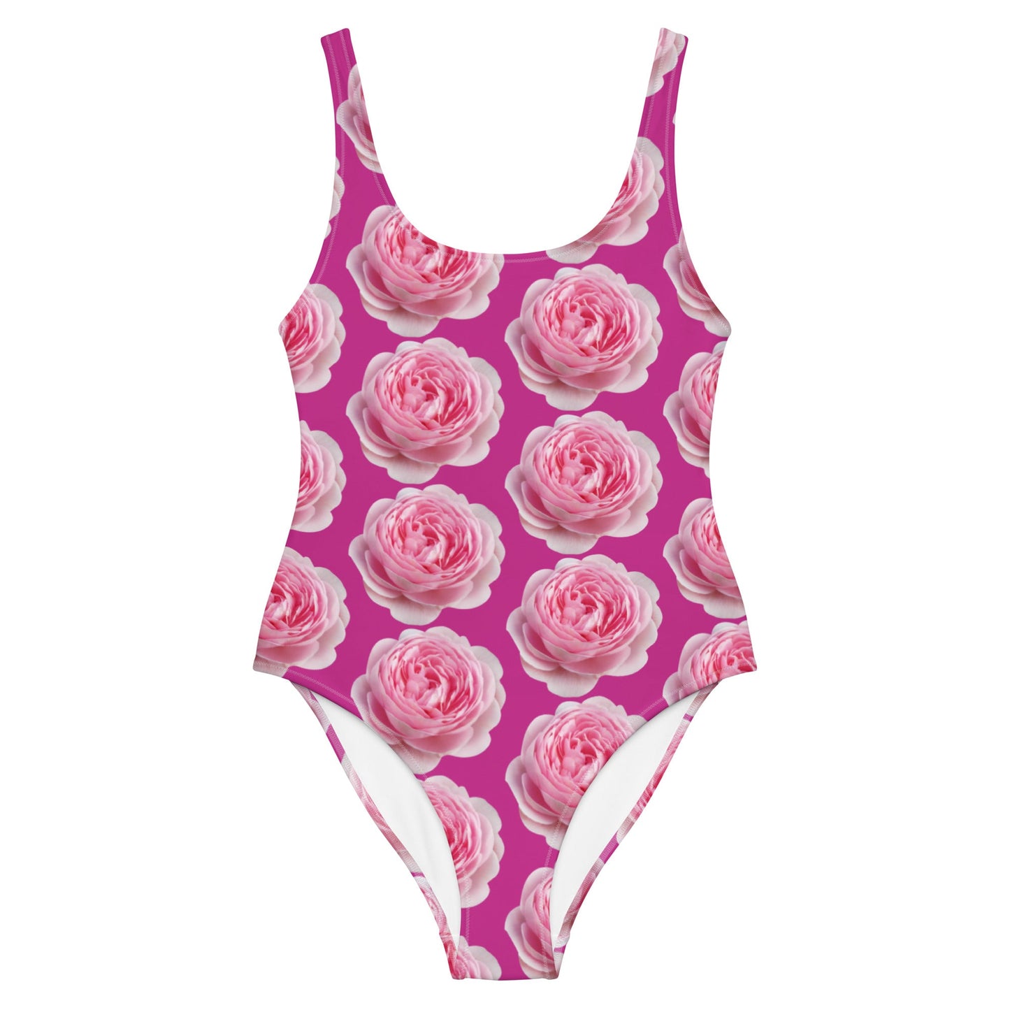 Women's One - Piece Swimsuit, Pink Peony Floral Bathing Suit, Medium Red Violet Summer Swimwear - PratSN