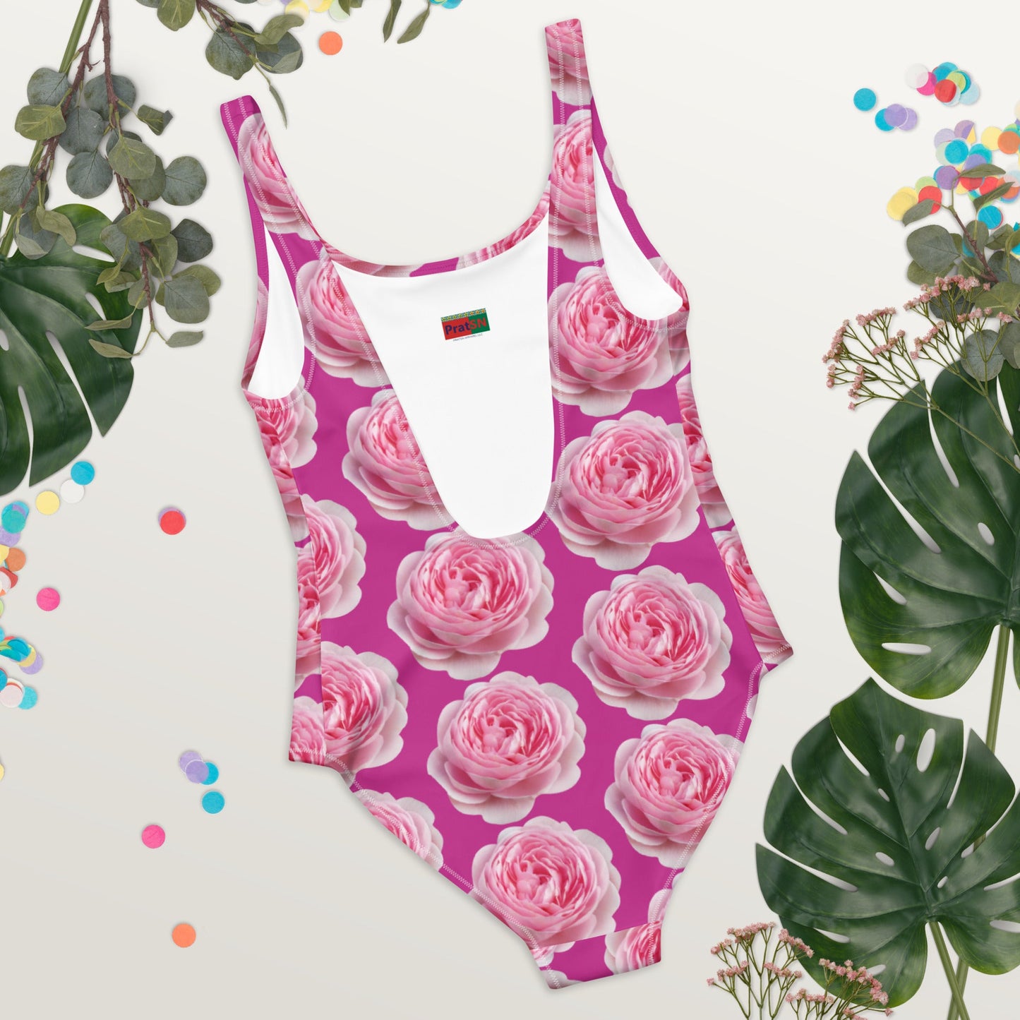 Women's One - Piece Swimsuit, Pink Peony Floral Bathing Suit, Medium Red Violet Summer Swimwear - PratSN