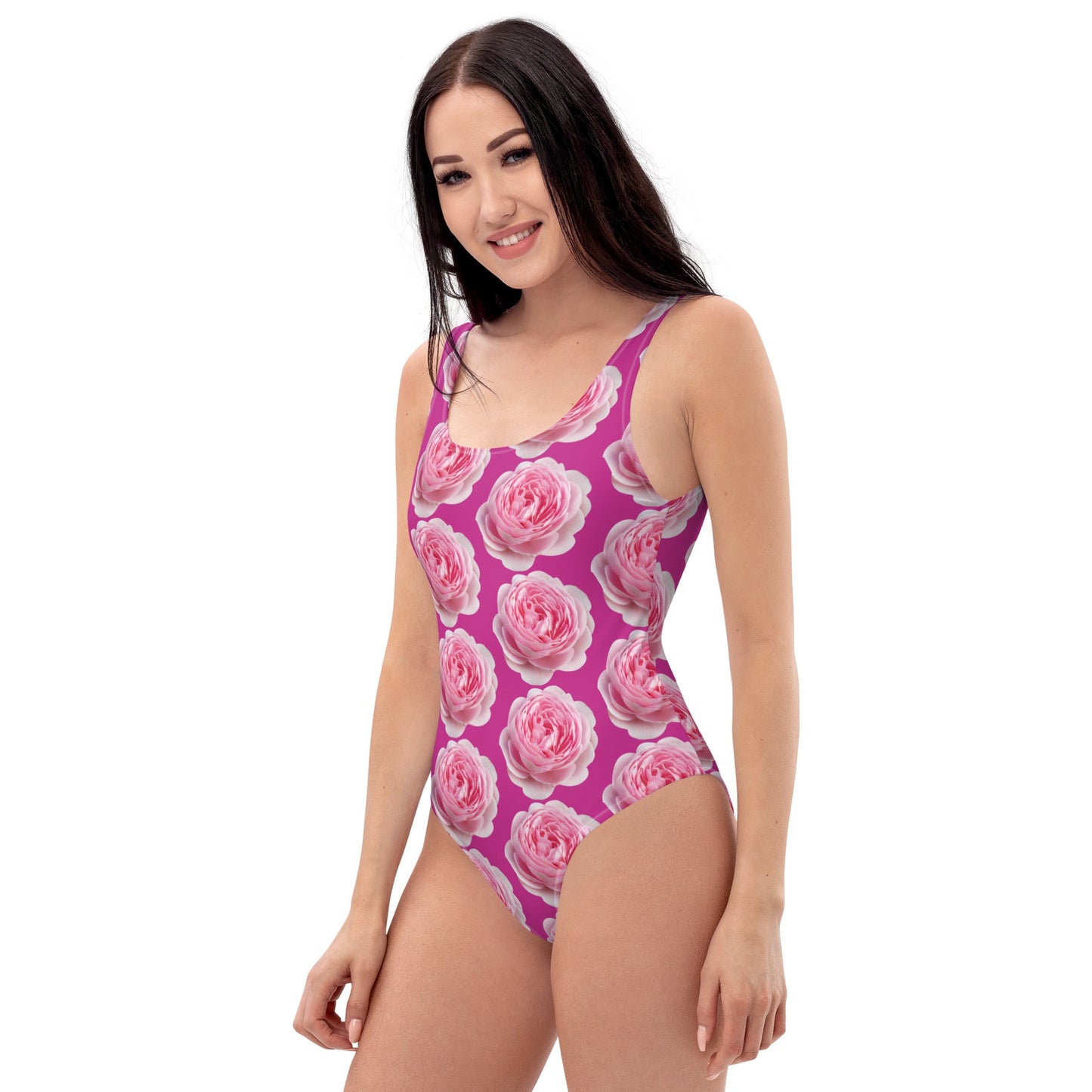 Women's One - Piece Swimsuit, Pink Peony Floral Bathing Suit, Medium Red Violet Summer Swimwear - PratSN