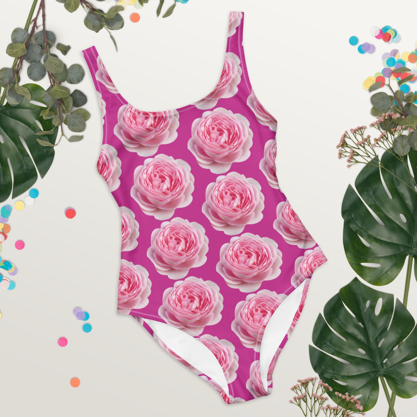 Women's One - Piece Swimsuit, Pink Peony Floral Bathing Suit, Medium Red Violet Summer Swimwear - PratSN