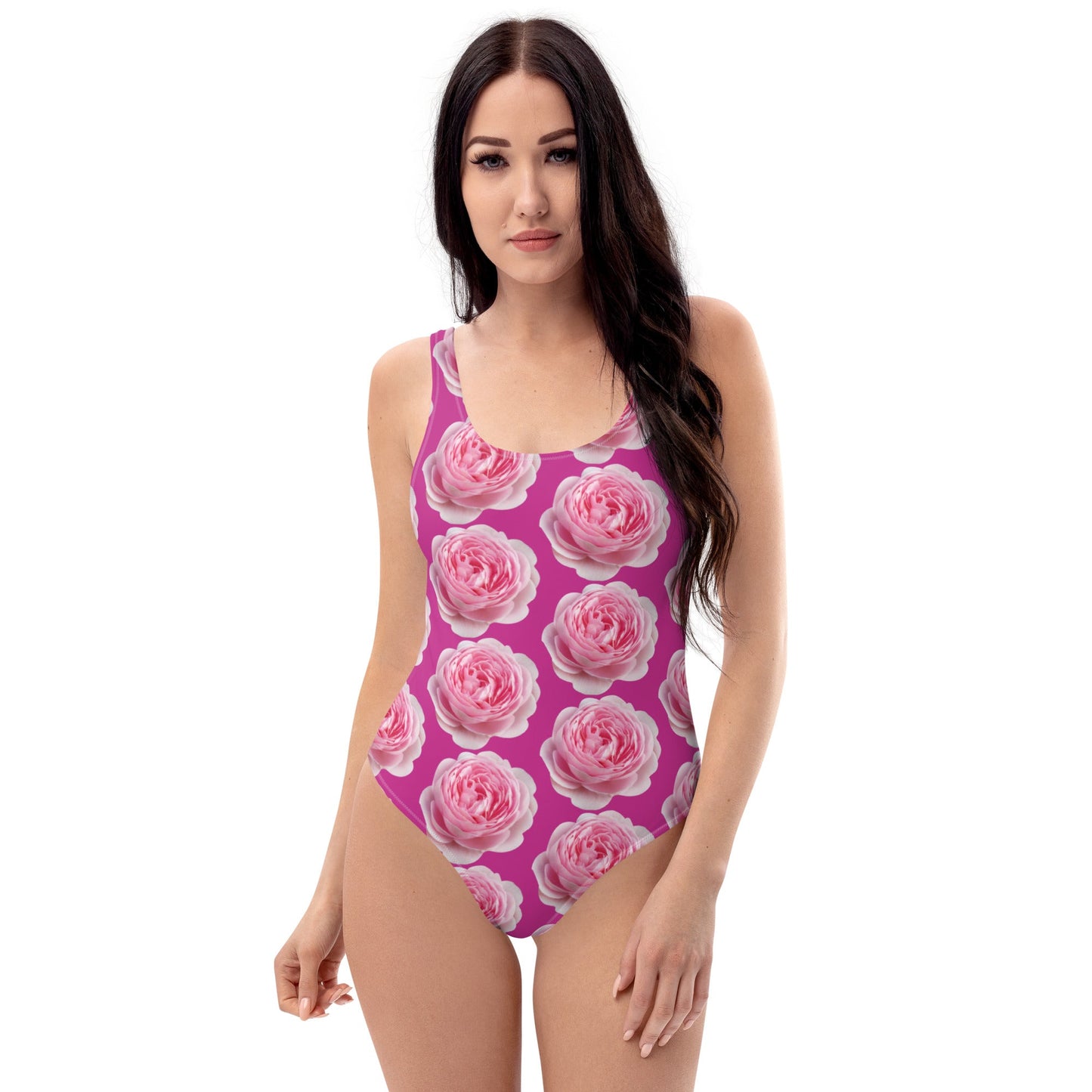 Women's One - Piece Swimsuit, Pink Peony Floral Bathing Suit, Medium Red Violet Summer Swimwear - PratSN