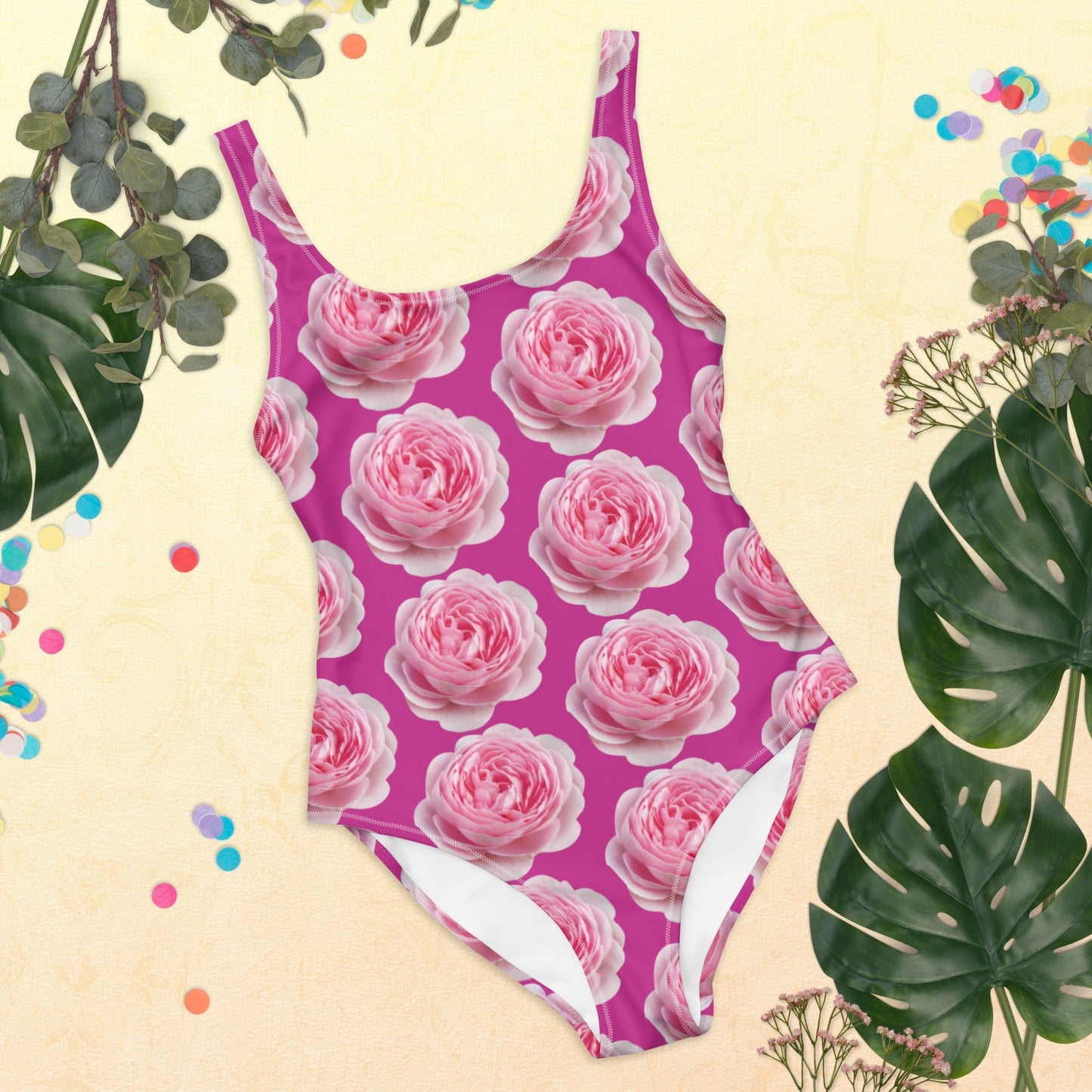 Women's One - Piece Swimsuit, Pink Peony Floral Bathing Suit, Medium Red Violet Summer Swimwear - PratSN