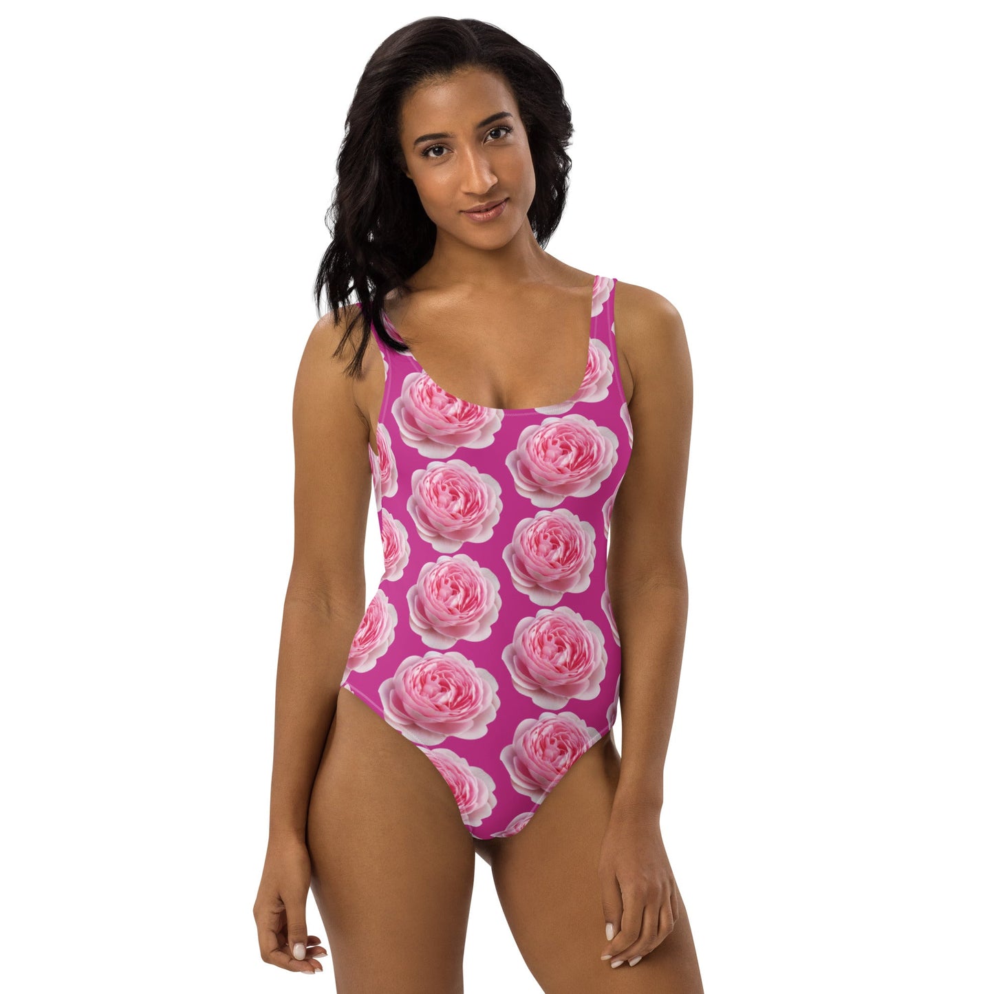 Women's One - Piece Swimsuit, Pink Peony Floral Bathing Suit, Medium Red Violet Summer Swimwear - PratSN