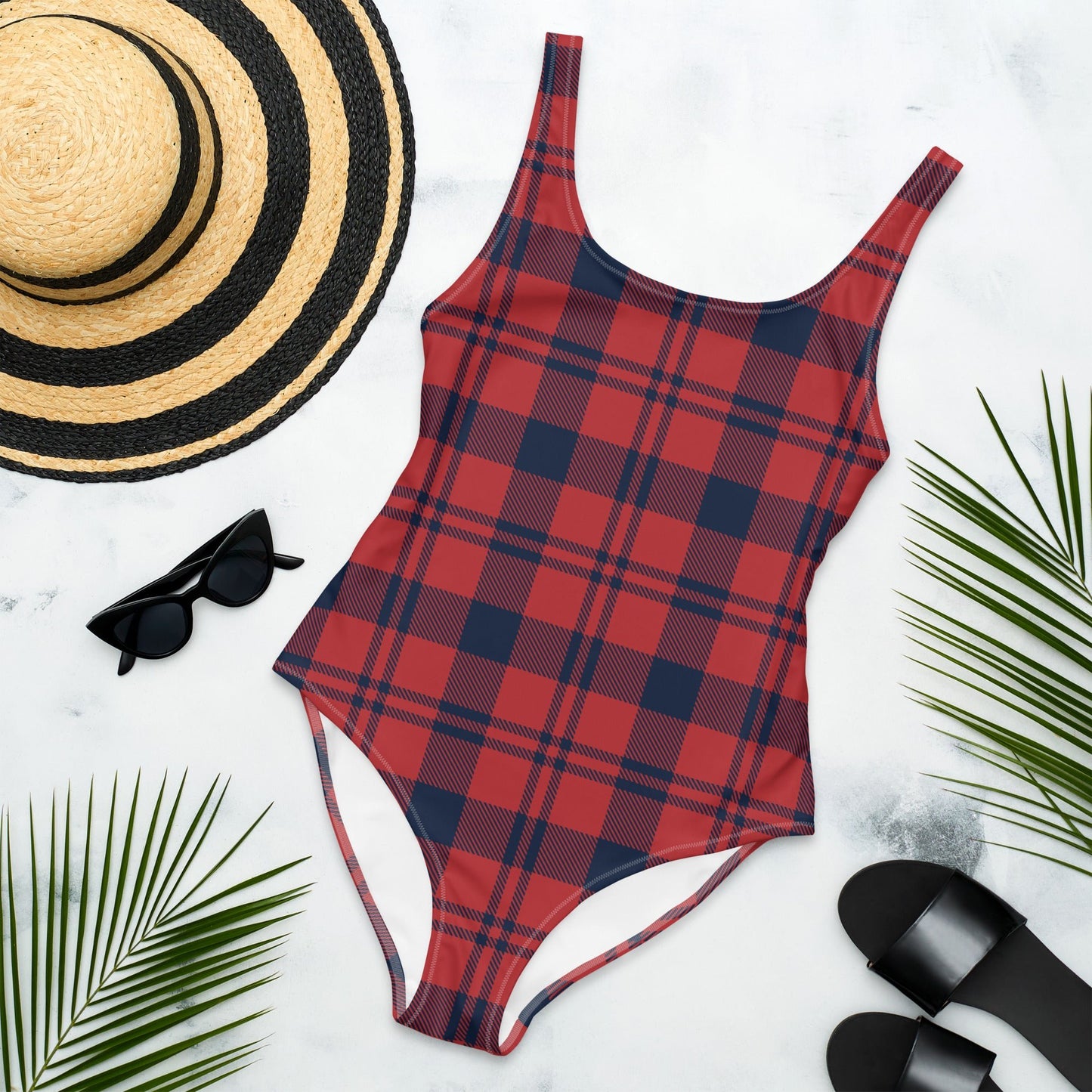Women's One - Piece Swimsuit, Red and Blue Plaid, swimsuit, vacation swimwear, holiday travel swimwear, mothers day gift - PratSN