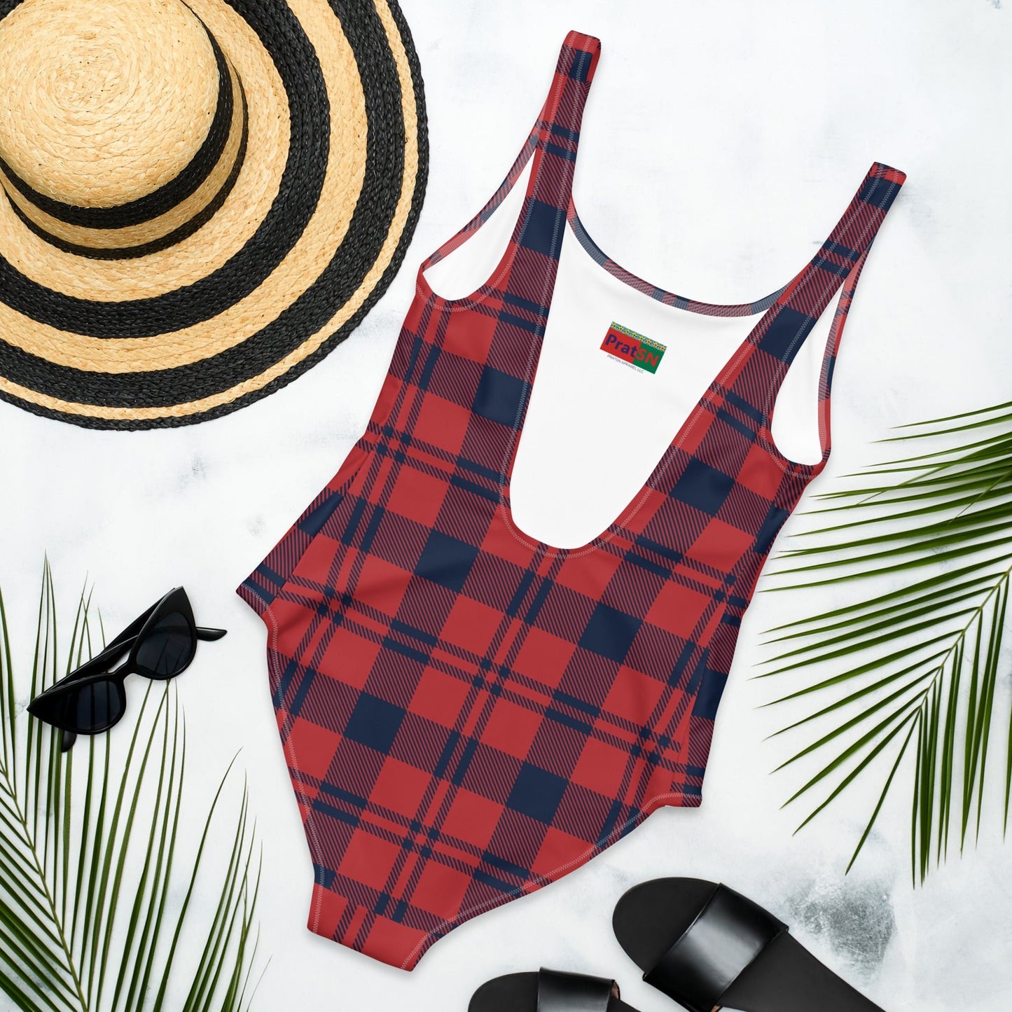 Women's One - Piece Swimsuit, Red and Blue Plaid, swimsuit, vacation swimwear, holiday travel swimwear, mothers day gift - PratSN