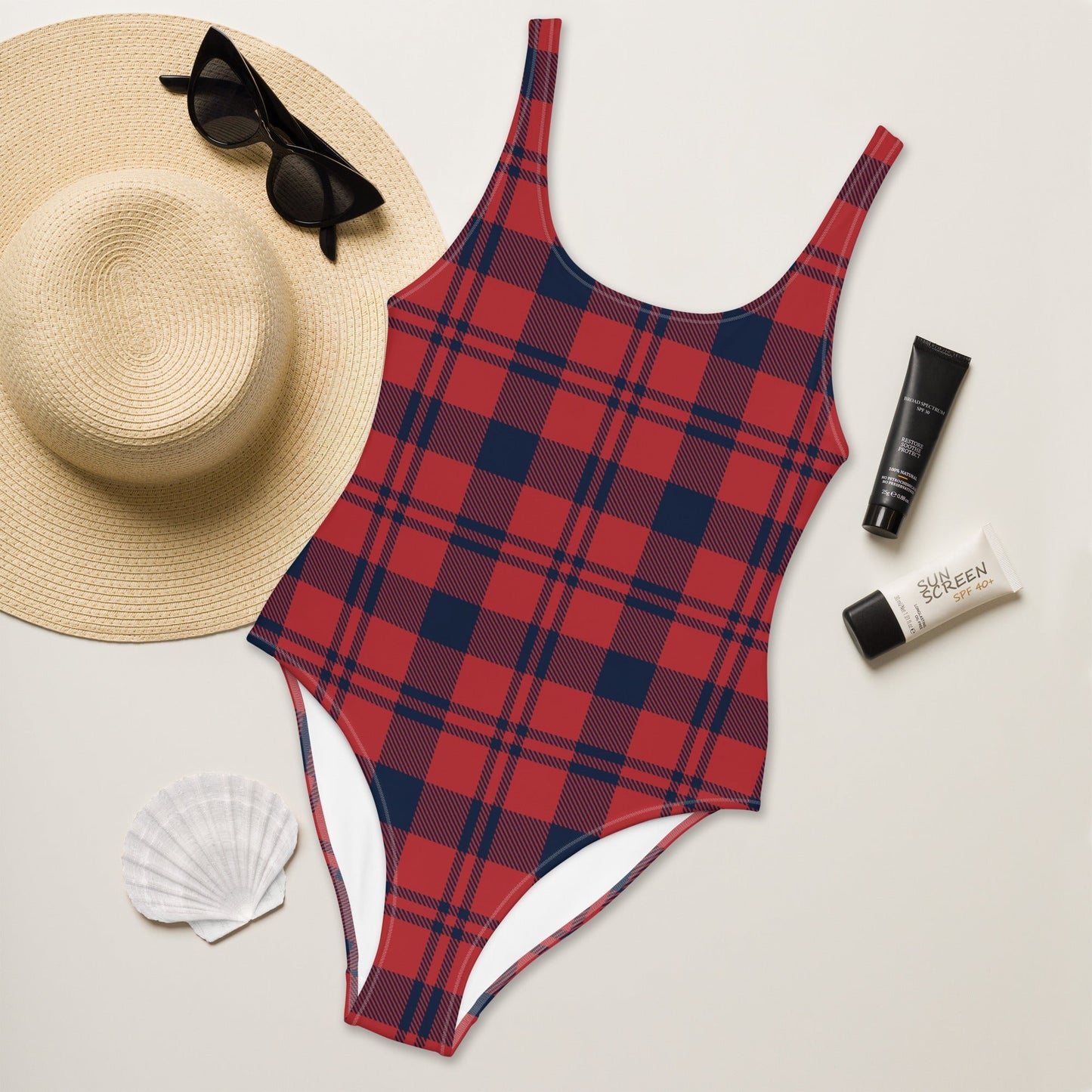 Women's One - Piece Swimsuit, Red and Blue Plaid, swimsuit, vacation swimwear, holiday travel swimwear, mothers day gift - PratSN