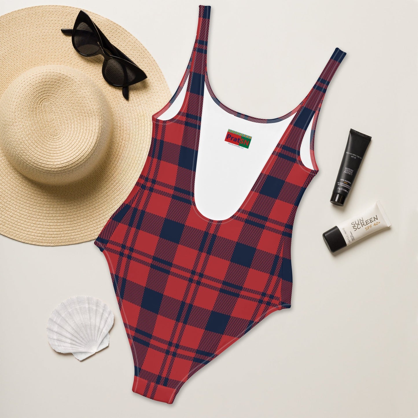 Women's One - Piece Swimsuit, Red and Blue Plaid, swimsuit, vacation swimwear, holiday travel swimwear, mothers day gift - PratSN