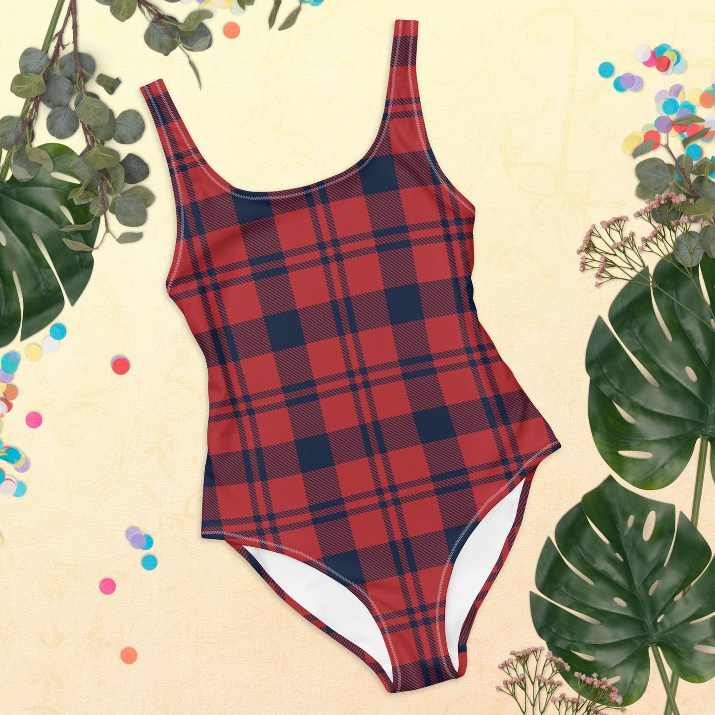 Women's One - Piece Swimsuit, Red and Blue Plaid, swimsuit, vacation swimwear, holiday travel swimwear, mothers day gift - PratSN